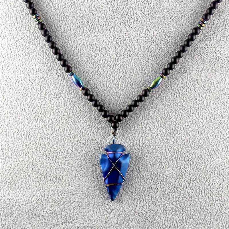 Matte Agate Round Beads Gallstone Arrow Pendant Necklace for Men