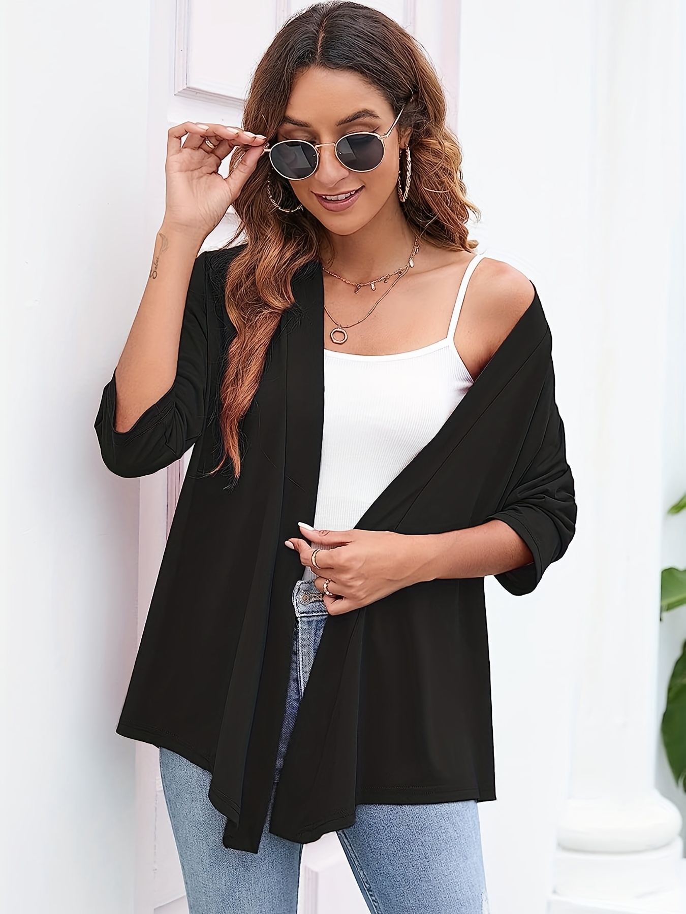 Solid Open Front Draped Cardigan Casual 3/4 Sleeve Cardigan - Temu