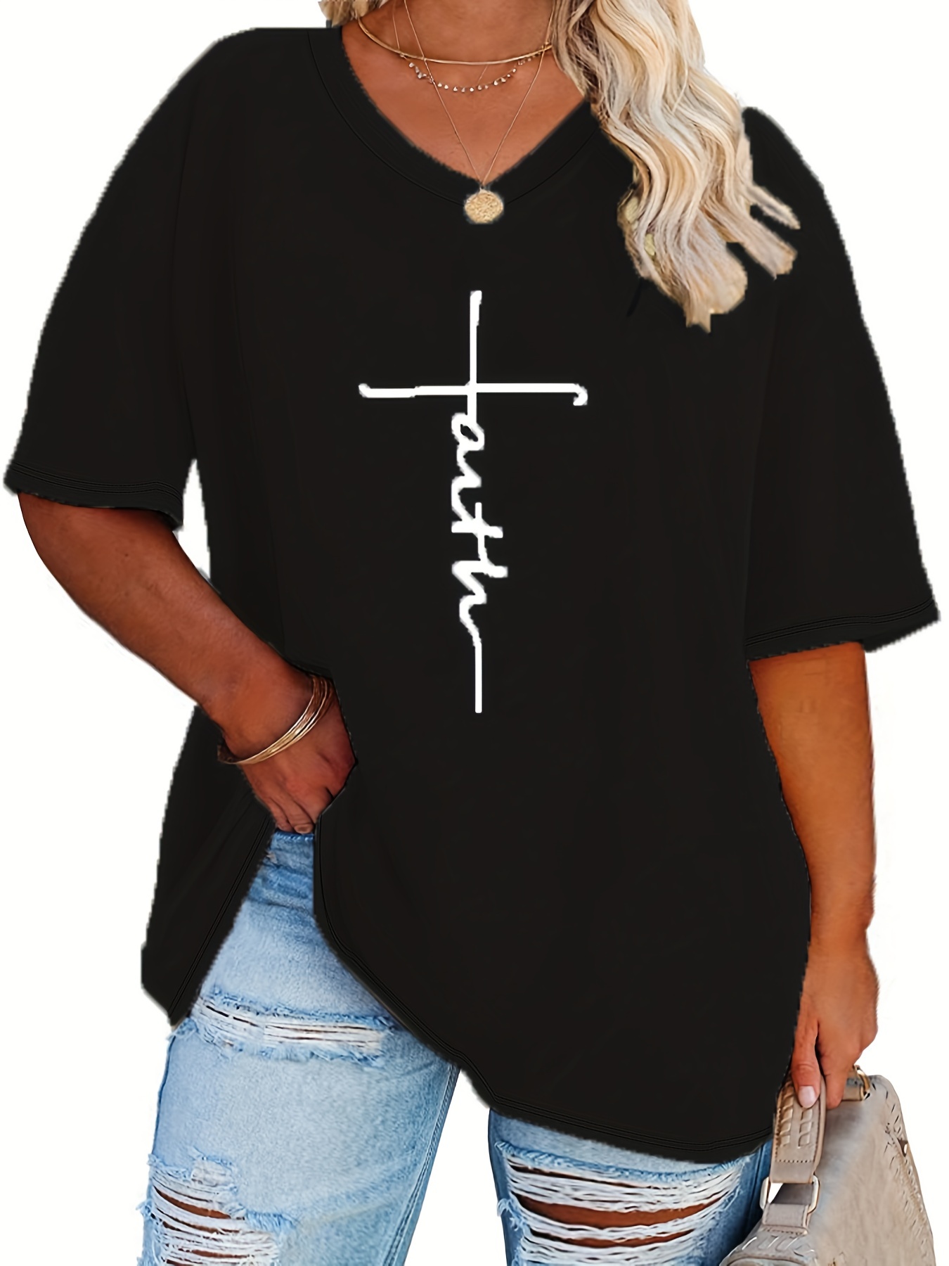 Plus Size - Women'S Plus Size V-Neck Casual T-Shirt - Short Sleeve, White with Black Letter Print, Lightweight Summer Tee for Casual Attire, Ladies T Shirts