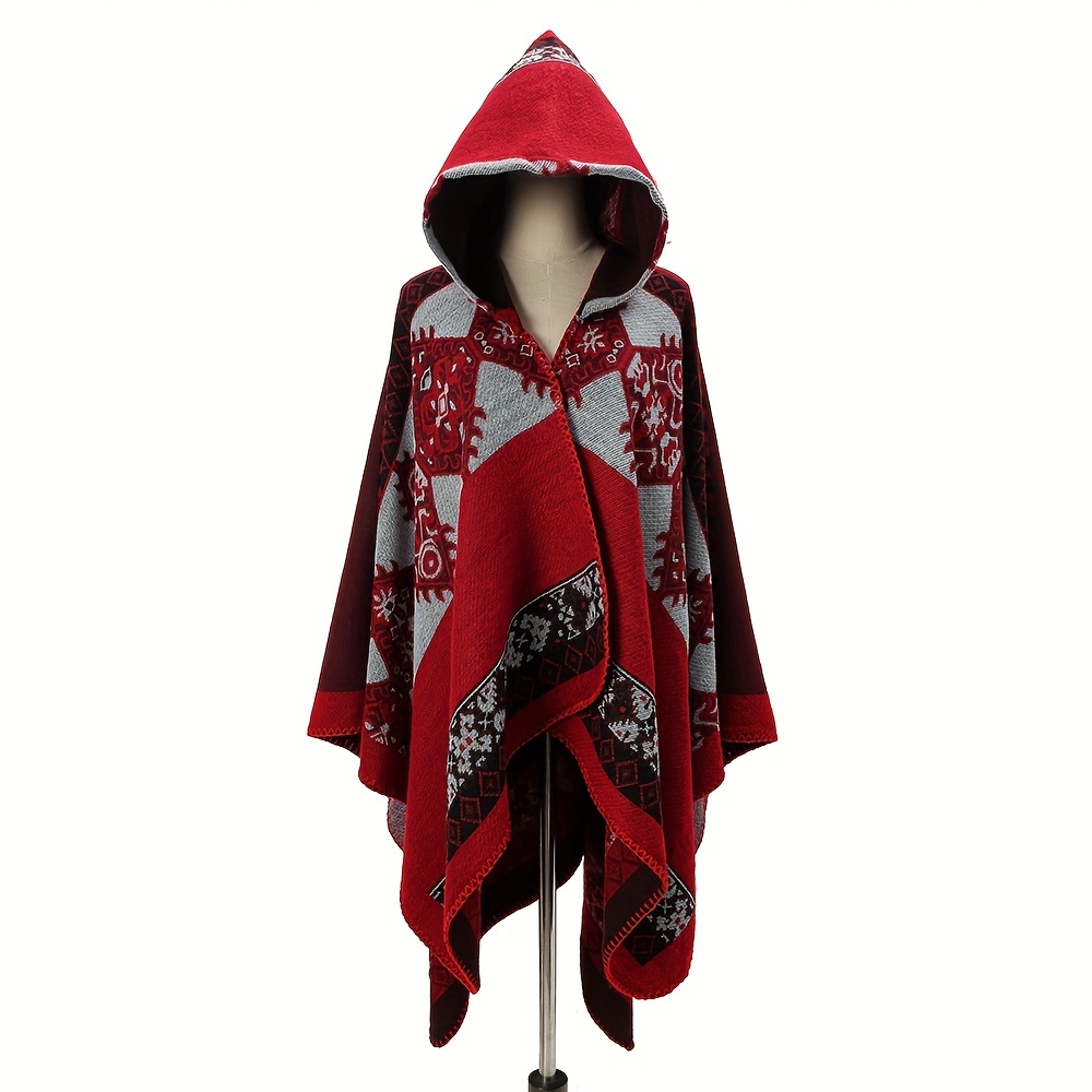 Boho Thicken Warm Shawl Plaid Tassel Cape Coat Hooded Wrap Mature Knitted  Outwear Shawl For Winter - Temu Canada