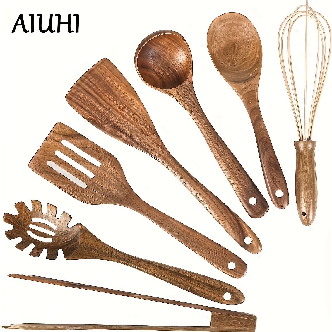 ADLORYEA - Cucharas de madera para cocinar, juego de utensilios de cocina  de madera de teca natural, juego de utensilios de cocina antiadherentes, 7