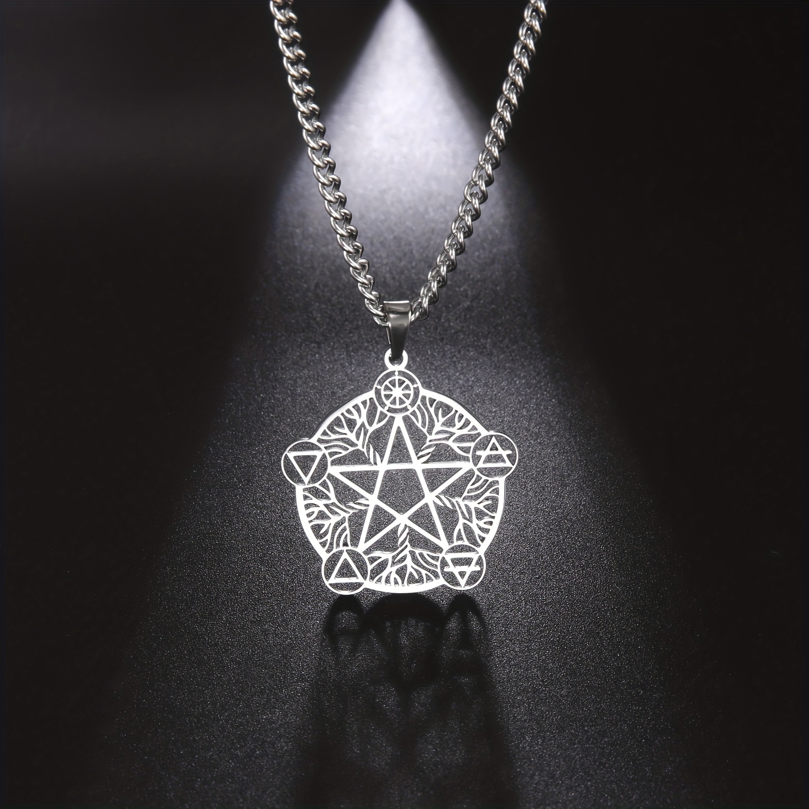 1pc Trendy Wicca Pentagram Witch Pendant Stainless Steel Necklace For Men  Gift Daily Decoration