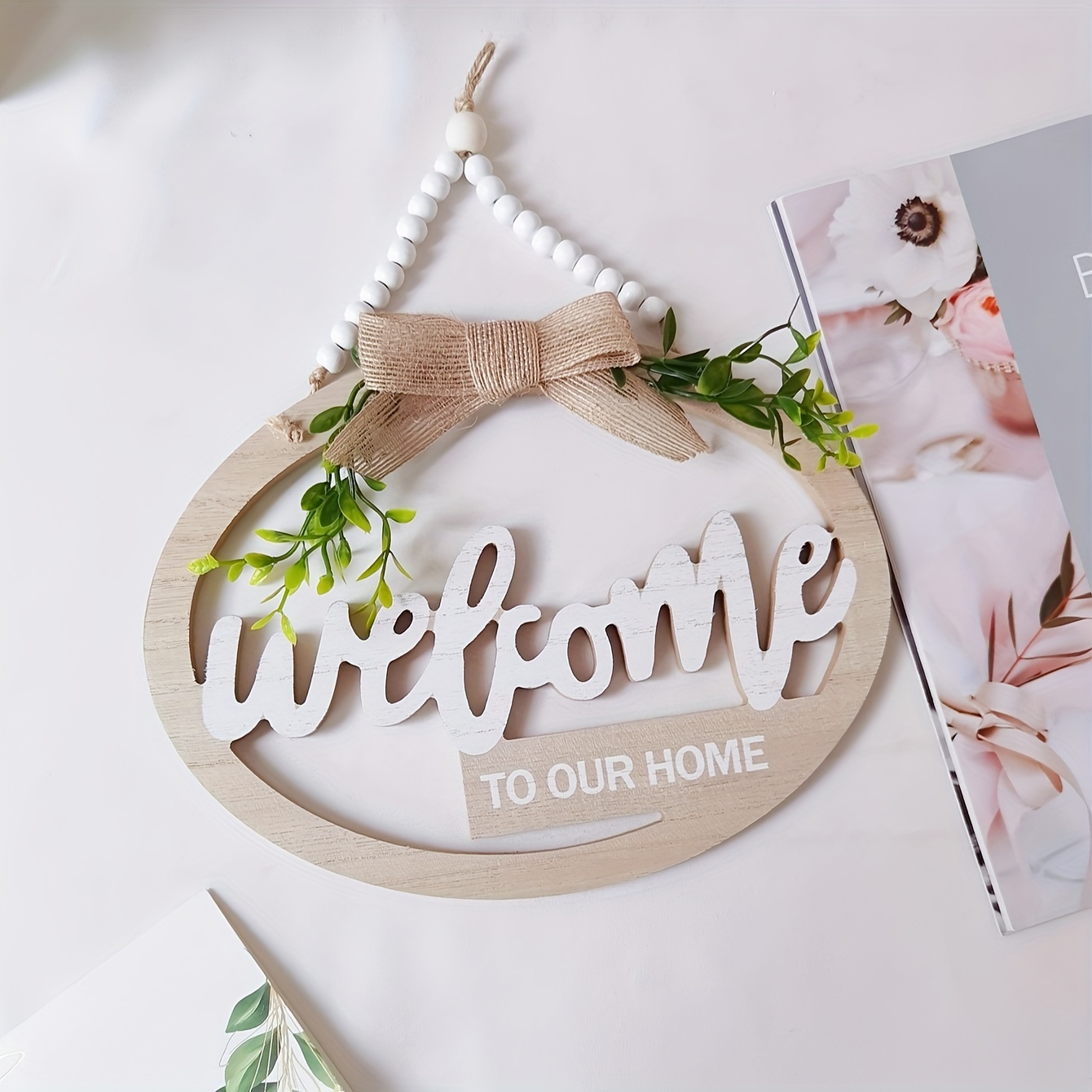 Image of 1pc Decorative Door Signs, Wall Decorations, Wooden Hanging Signs, Wooden Gift Hanging Pieces With Plant Bow Decorations