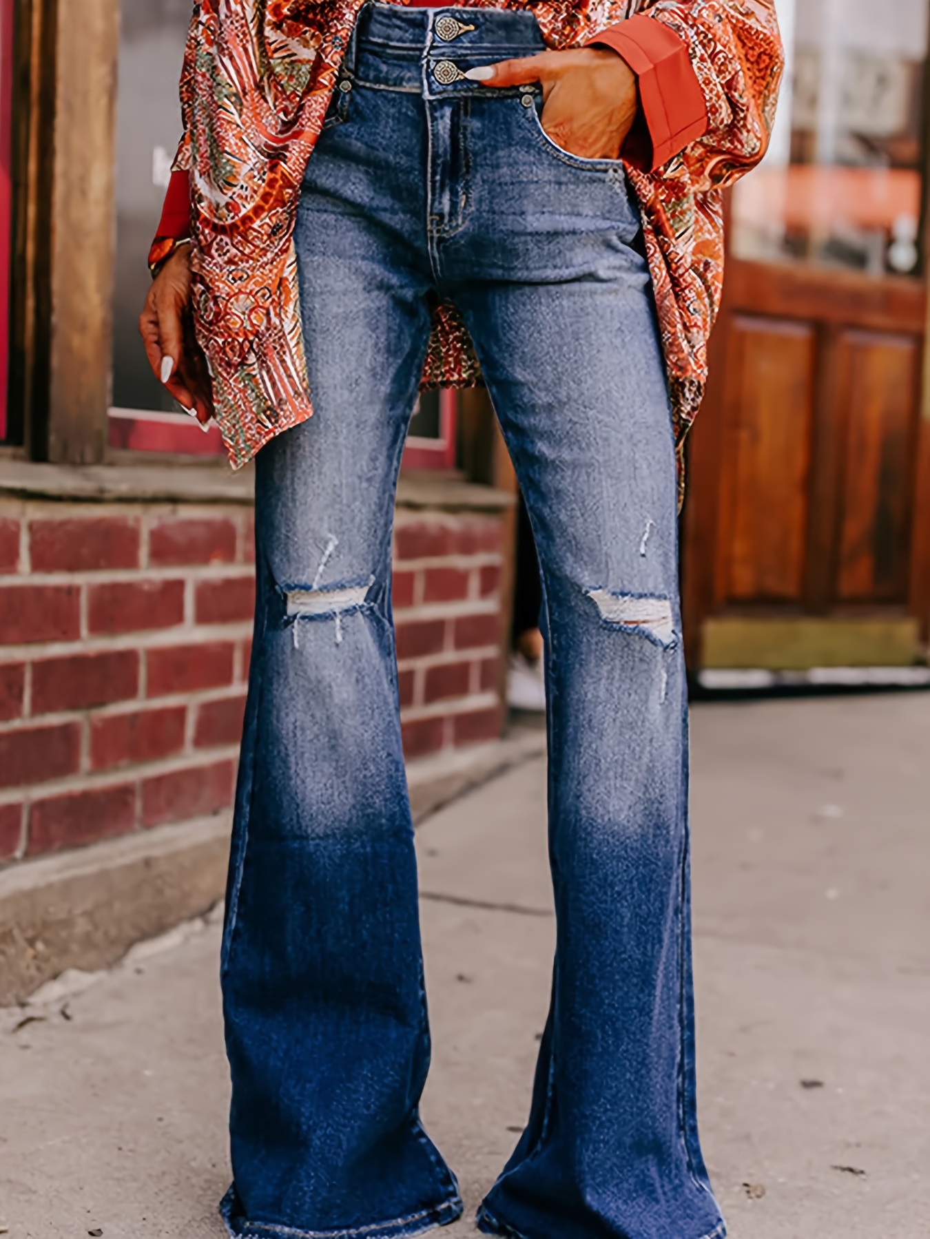 Women's Vintage Jeans, Plus Size Ripped Washed High Rise Double Buttons  Slash Pocket Baddy Flare Leg Bell Bottoms Denim Pants