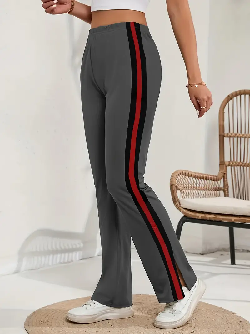Striped Elastic Waist Slim Pants Casual Split Side Stretchy - Temu