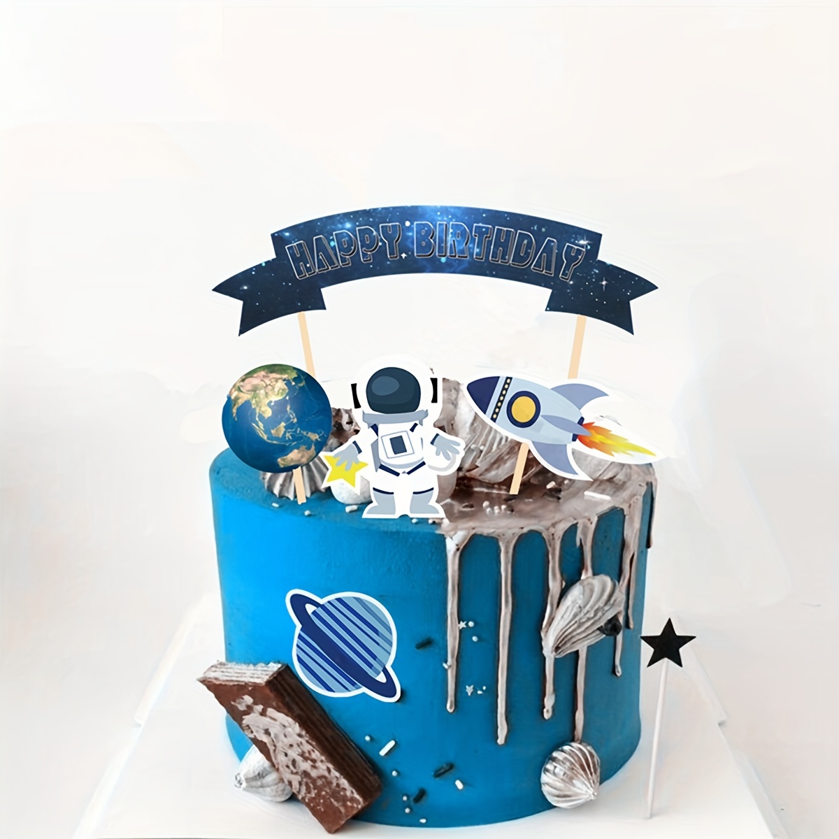 Decoración de fiesta del sistema solar, pancarta de feliz cumpleaños,  espacio exterior, planeta, espirales colgantes con adornos para tartas