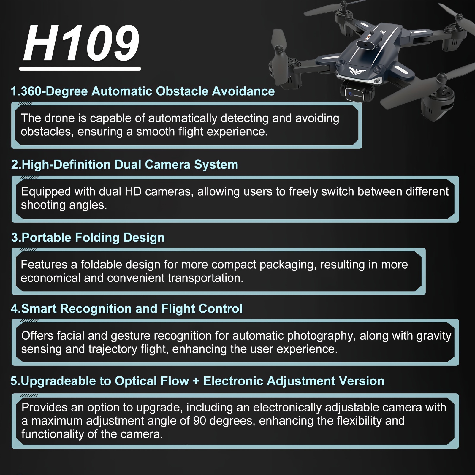 Optical Flow Positioning,H109 Drone With Dual Adjustable Camera, 360° Obstacle Avoidance, Gravity Sensing,Stable Flight Ideal For Beginners details 0