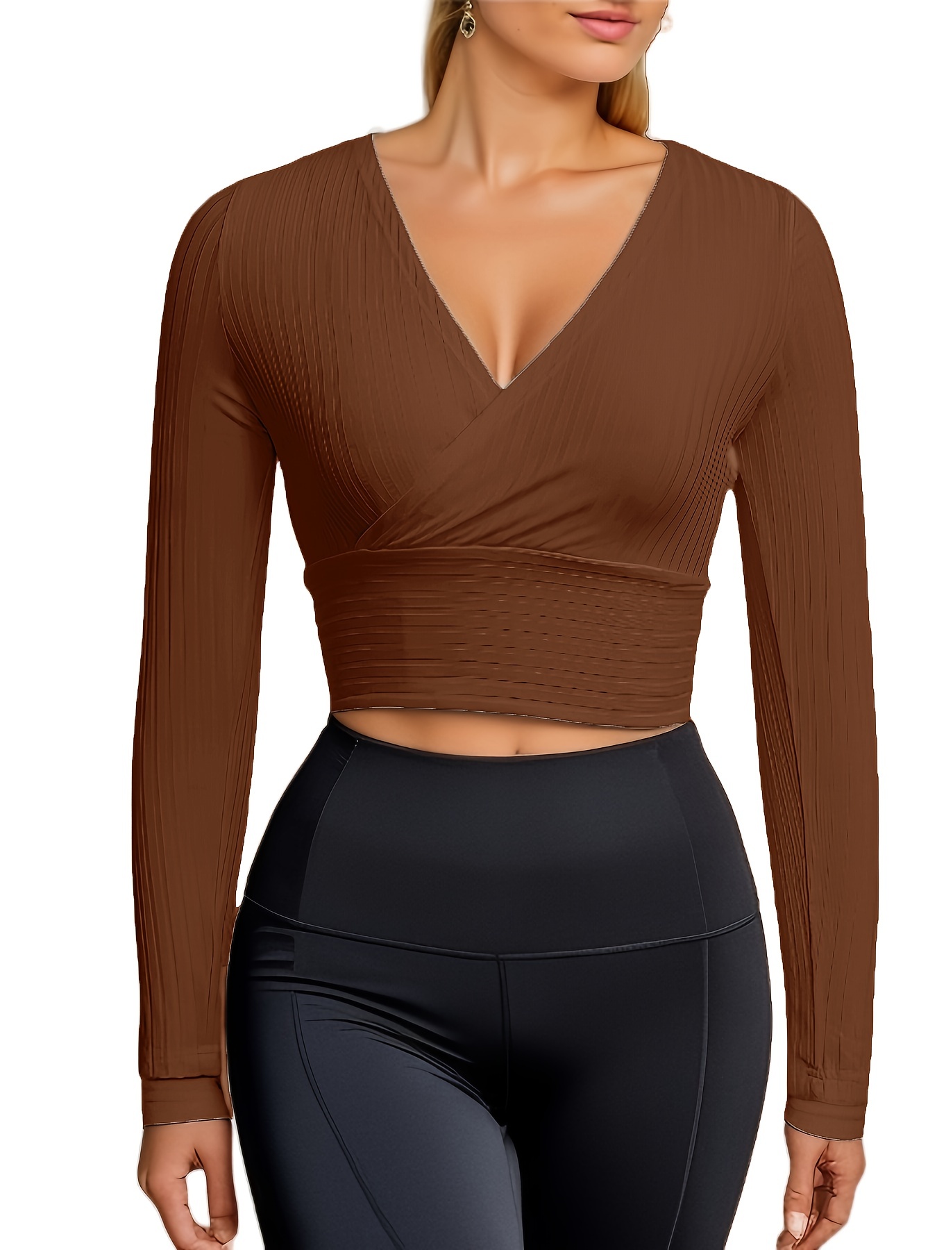 Women Sexy Crop Tops Deep V Neck Cropped Long Sleeve - Temu