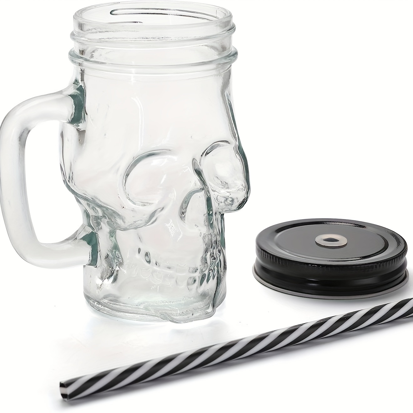 Darware Skull Mason Jar Mugs (Set of 4); Clear 12oz Glasses with Reusable  Straws