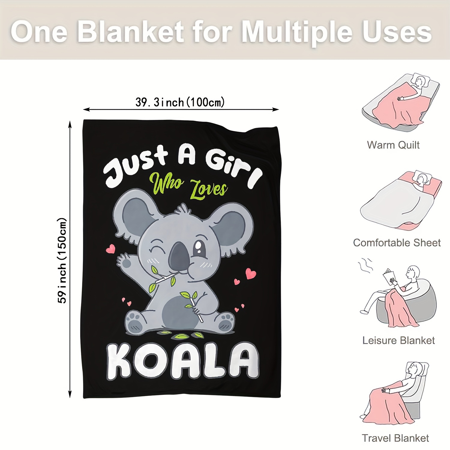 LAMAME Jolie couverture en coton doux imprimé koala, convient pour