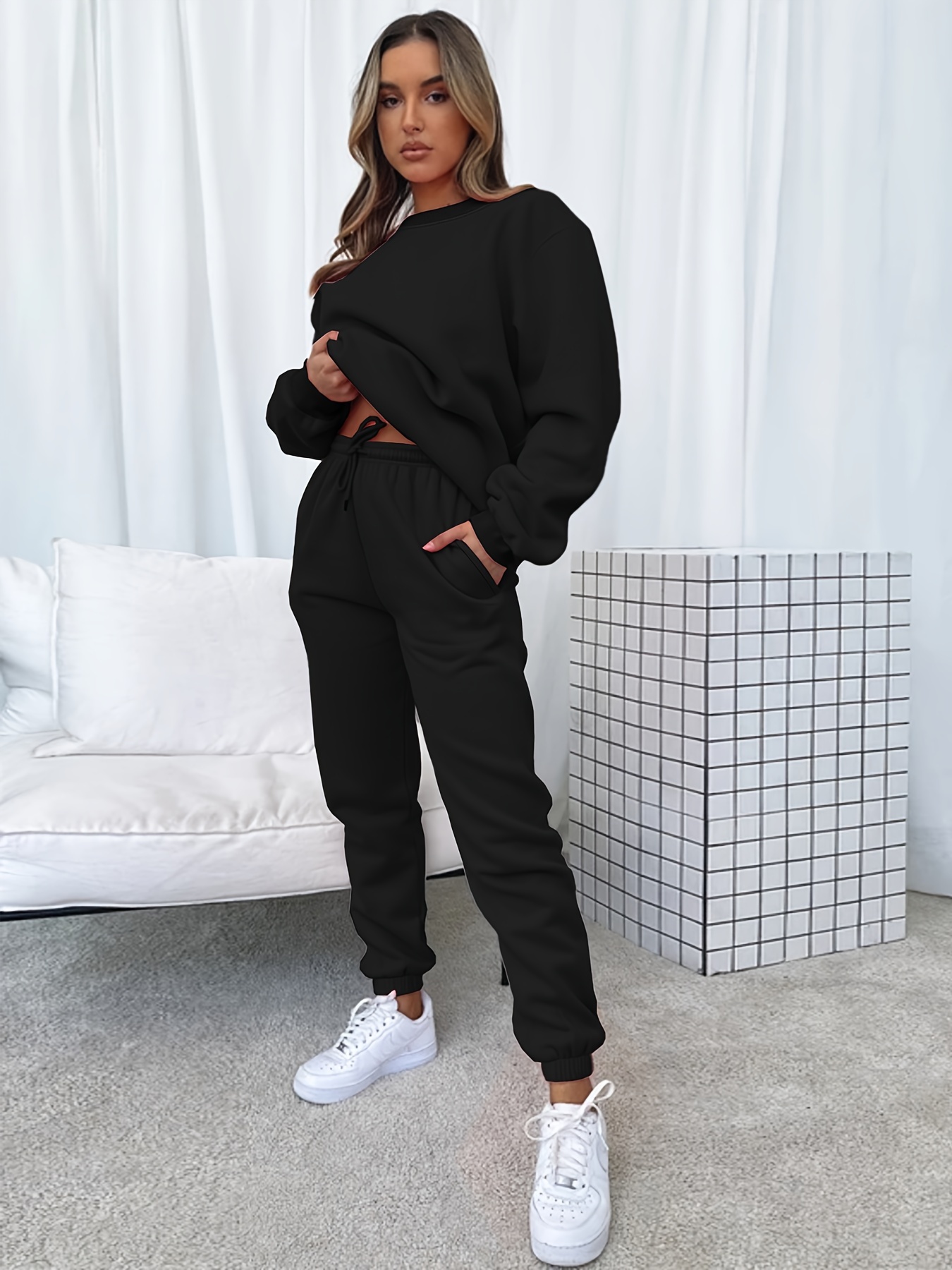 Solid Two-piece Set, Letter Print Drawstring Long Sleeve Hoodie & Pants  Outfits, Women's Clothing