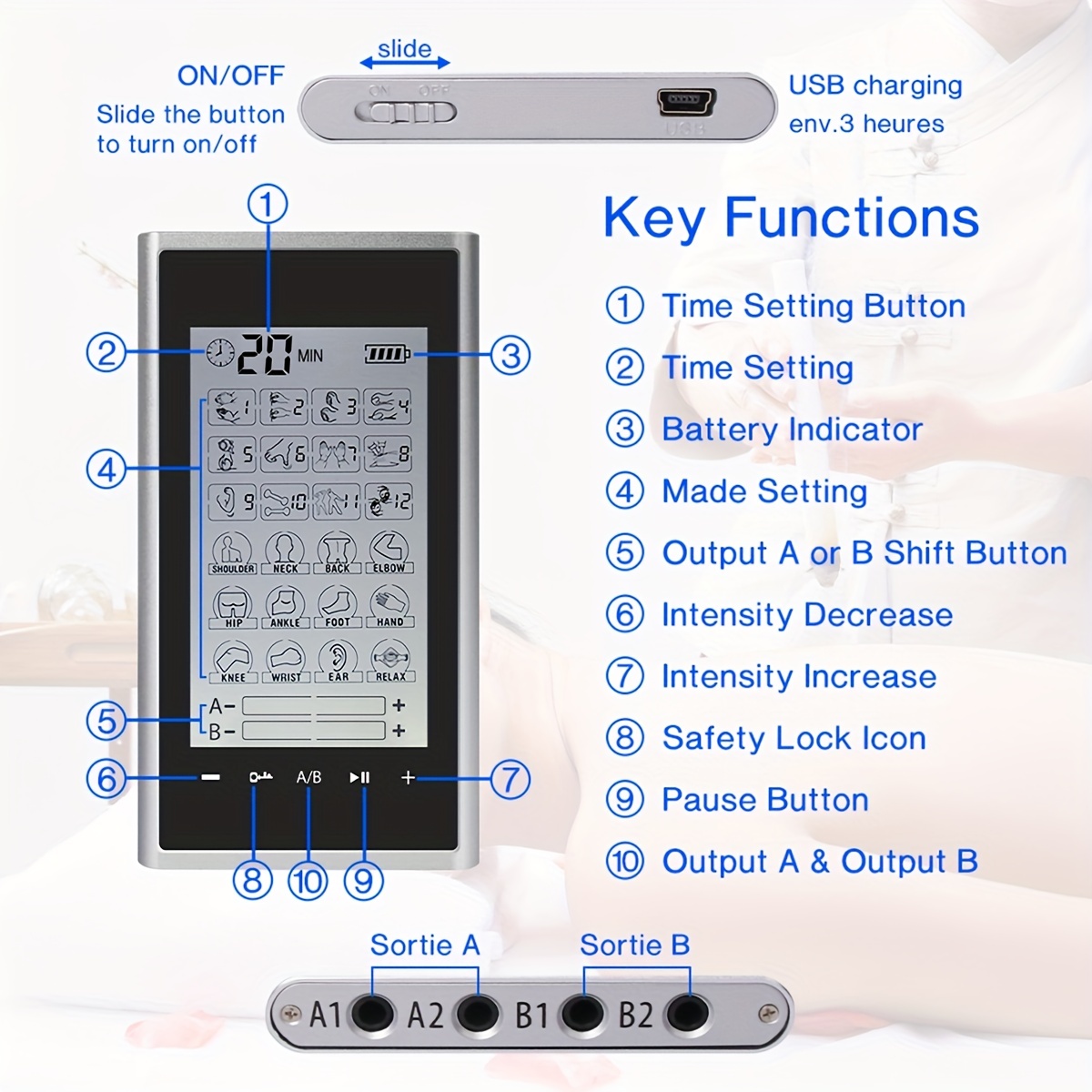 Digital Tens Unit With 12 Modes For Dual Channel Ems Muscle Massage Therapy  And Pain Relief - Temu