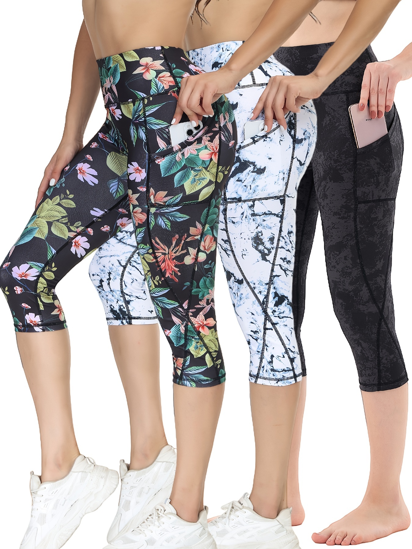 3pcs Women's High Waisted Yoga Capris With Pockets, Tummy Control Workout  Sports Running Capri Leggings, Women's Activewear