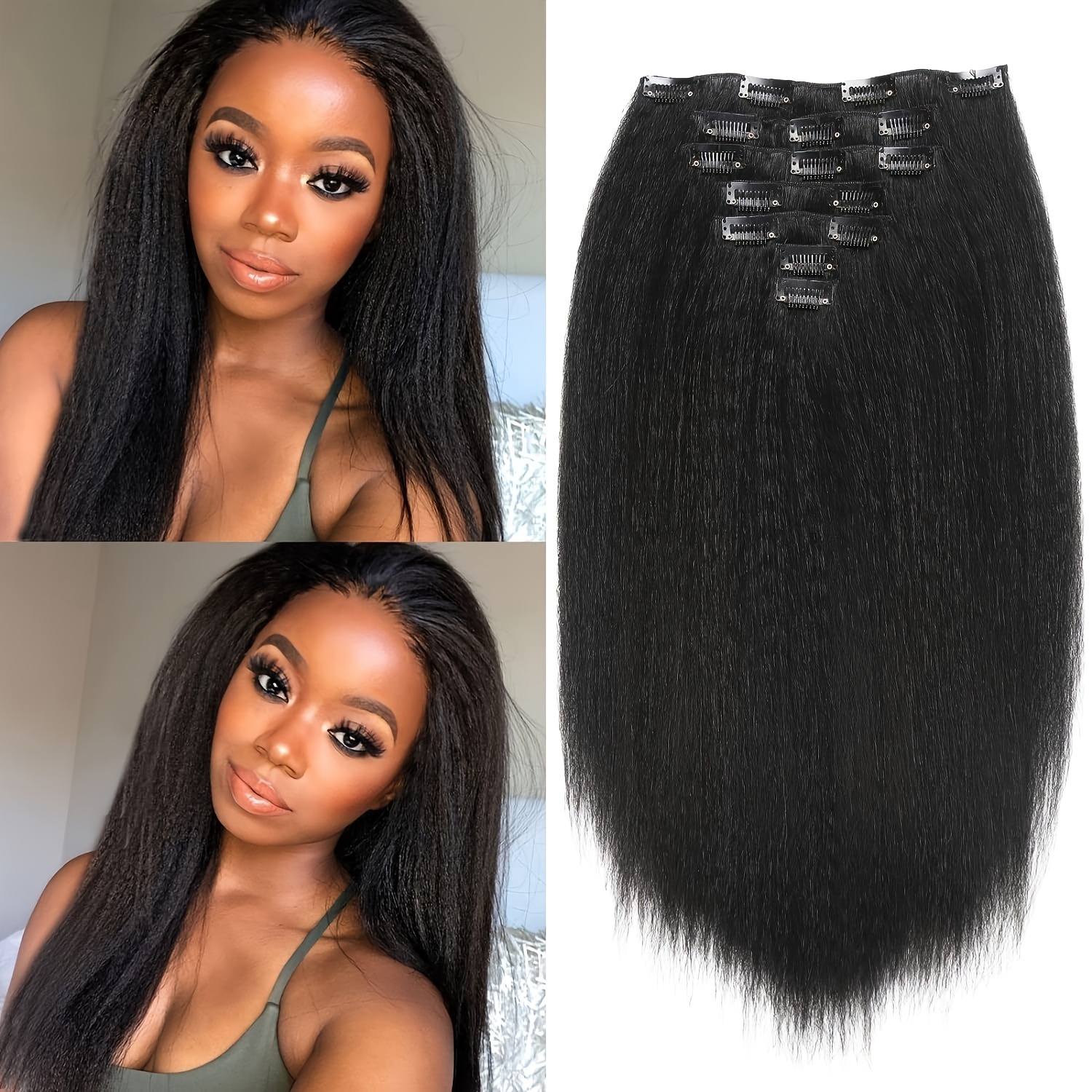 Quantum Love Kinky Straight Clips in Hair Extensions Full Head Yaki  Straight Clip Ins for Black Women 14 Inches 7 Pieces Kinky Straight  Synthetic Hair