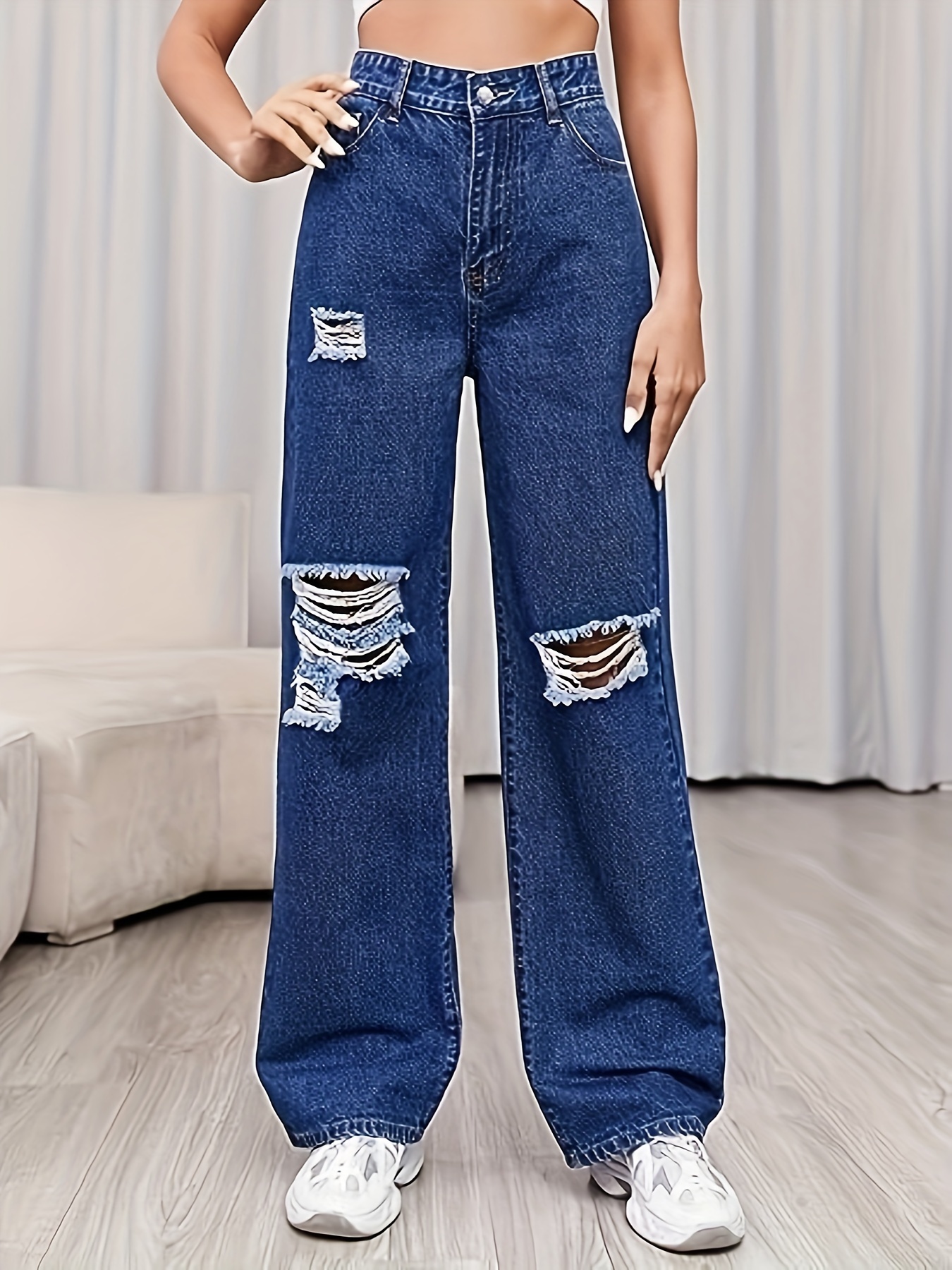 Blue Loose Fit Straight Jeans Butterfly Print Ripped Holes - Temu