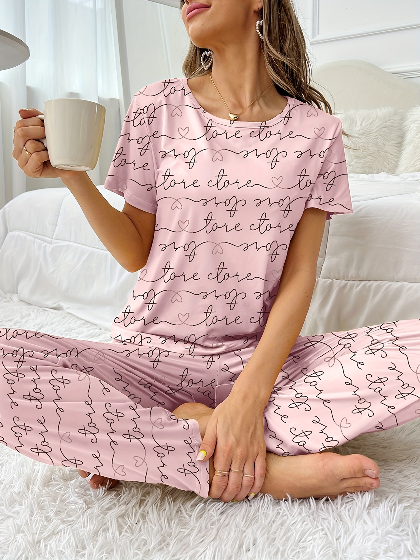 Cute Letters Love Print Pajamas Set Casual Short Sleeve Top - Temu Canada