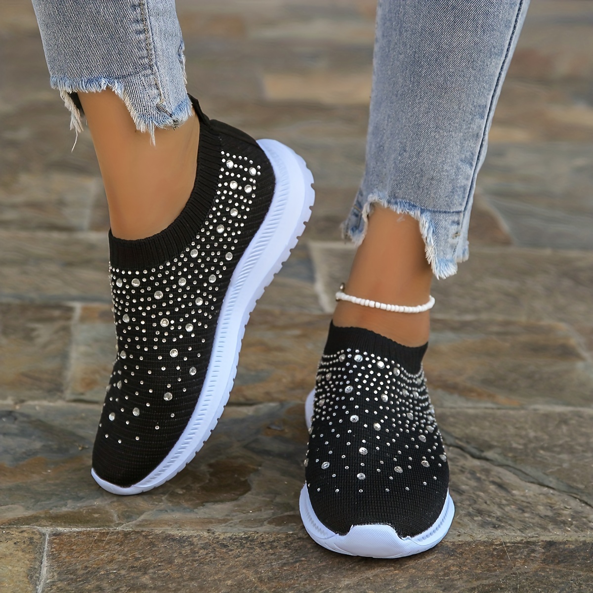 Solid Color Synthetic Shoes, Women's Rhinestone Decor Lightweight Low Top Slip on Women's Fashion Sneakers,Temu