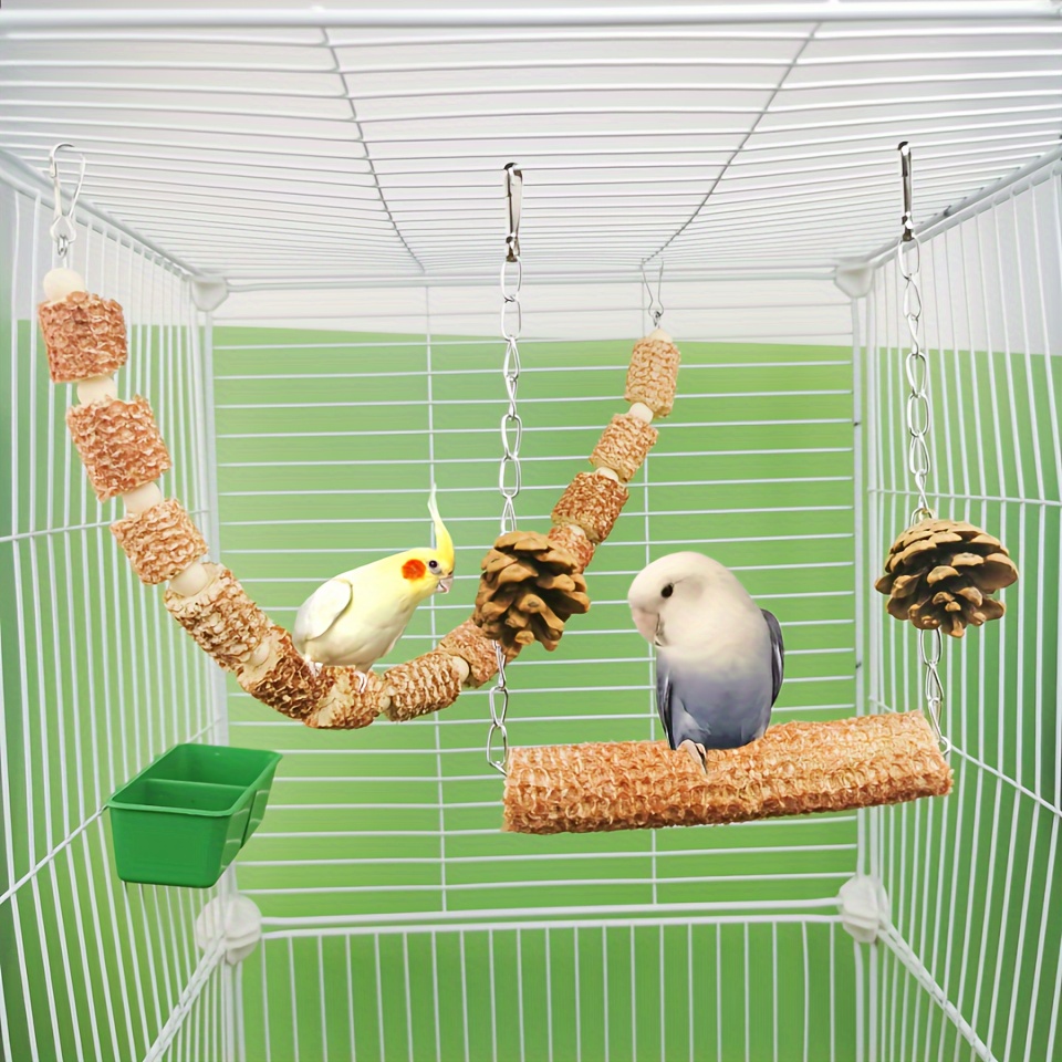 

2pcs Natural Parrot Bird Cage Supplies, Bird Swing Toy, Natural Corn Cone, Bird Chewing Toy, Climbing Hanging Bridge Toy, Provide Exercise And Entertainment For Birds