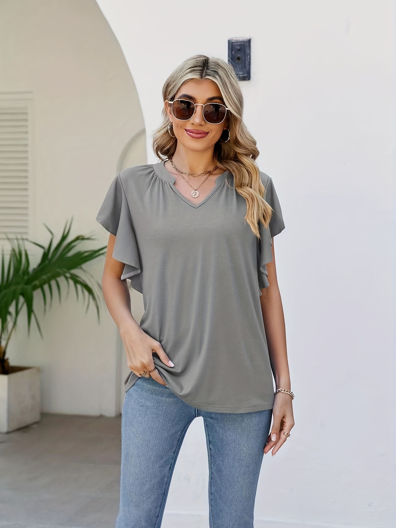 Plus Size Solid V Neck Irregular Hem T-shirt, Women's Plus Slight Stretch  Sexy Tops
