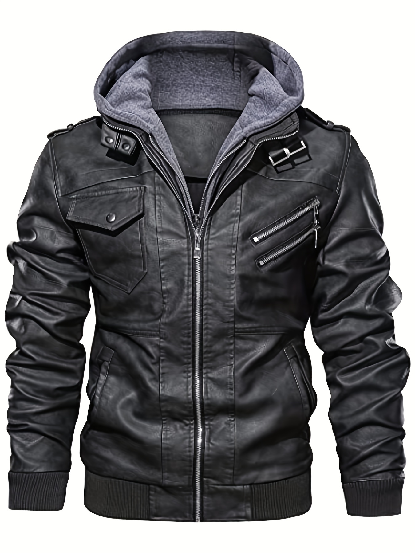 Plus Size Men's Leather Zipper Hooded Jacket, Loose Oversize