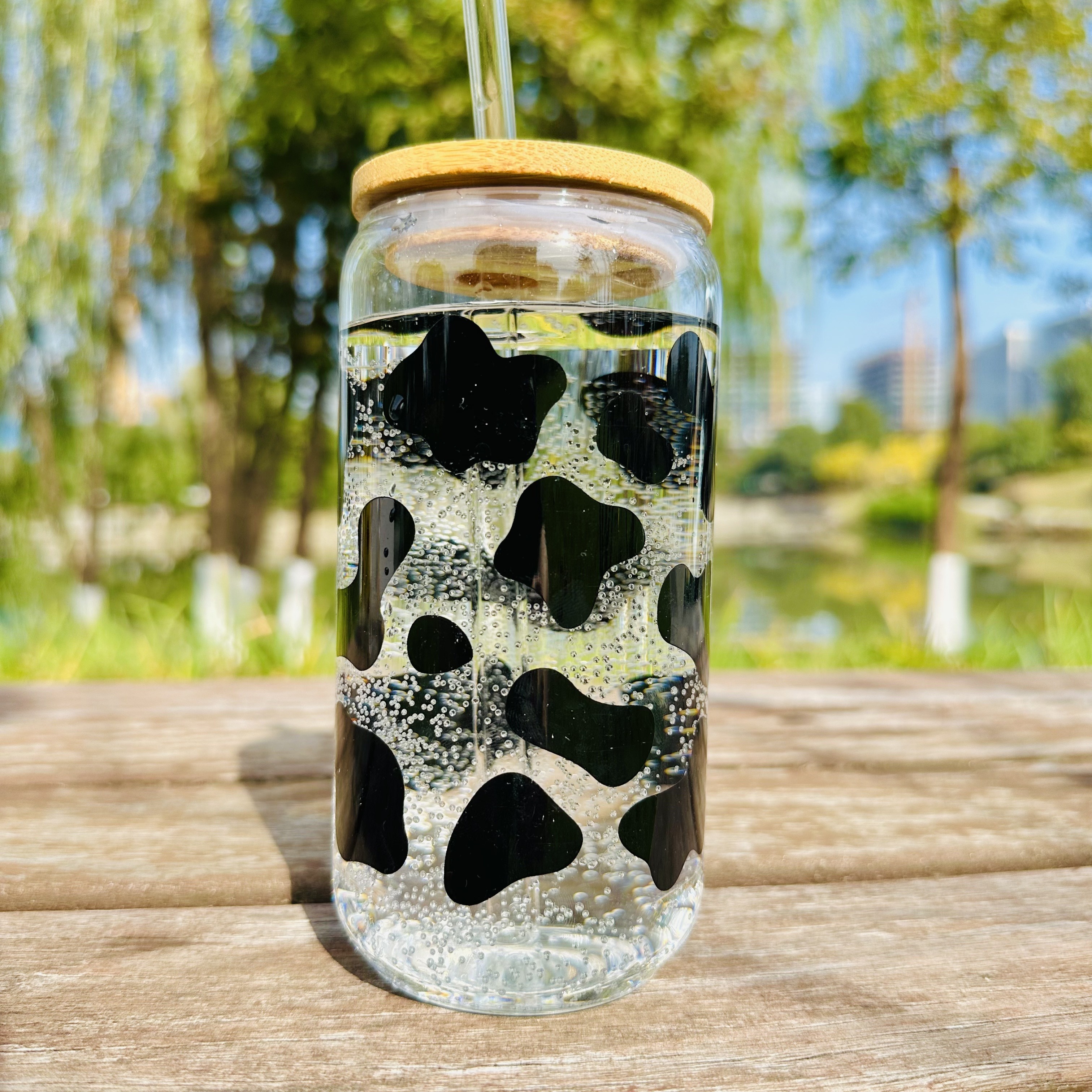 500ML Glass Cup with Bamboo Lid and Glass Straws Beer Mugs Ice Coffee Mugs