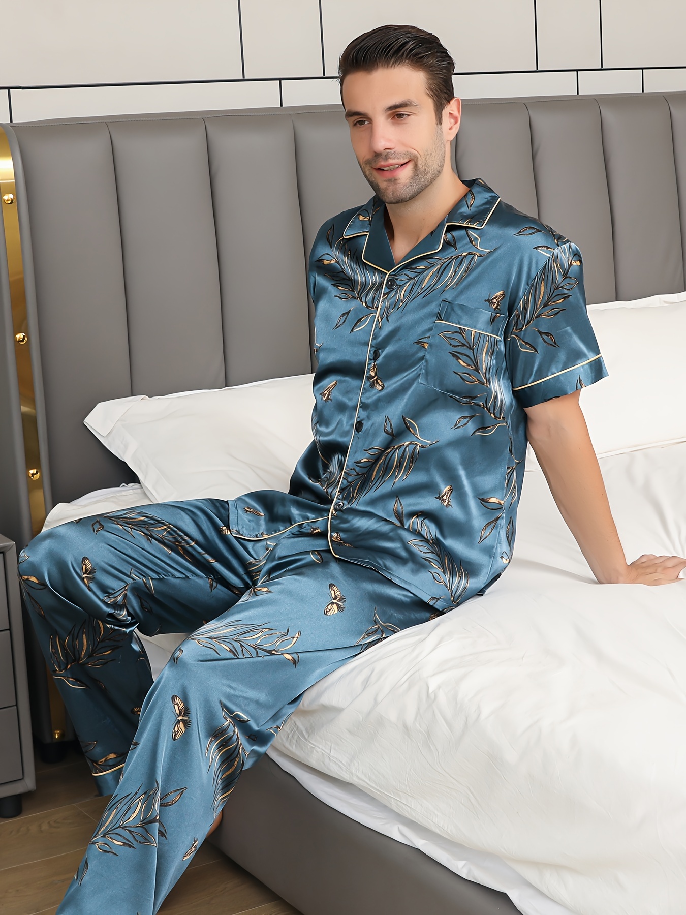 Mens Silk Satin Long Pajamas Lounge Pajamas 2PCS Set Top and Bottom  Sleepwear