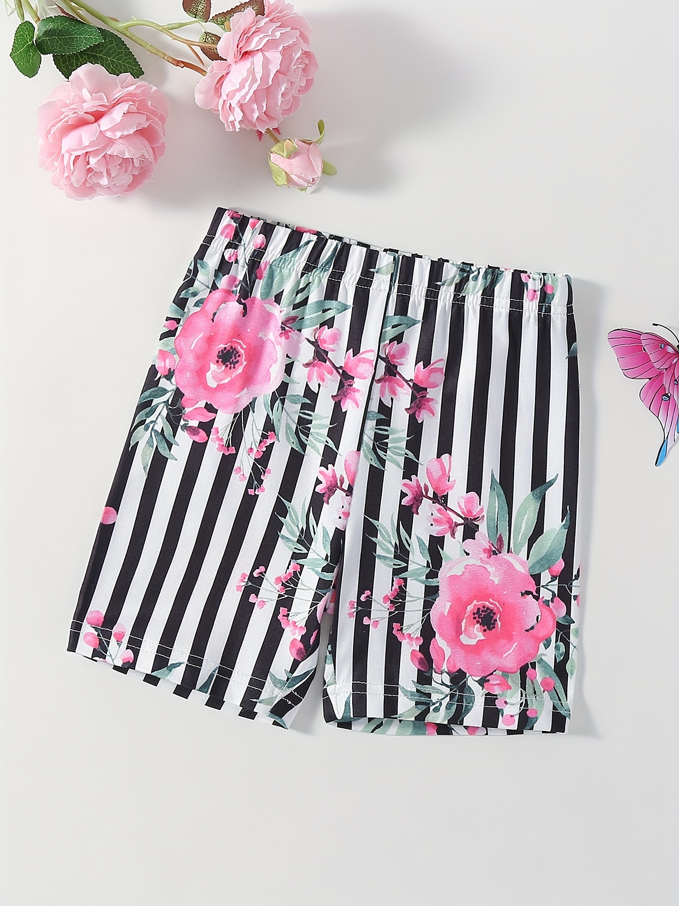 Girls' Striped Flower Print Thin Casual Shorts