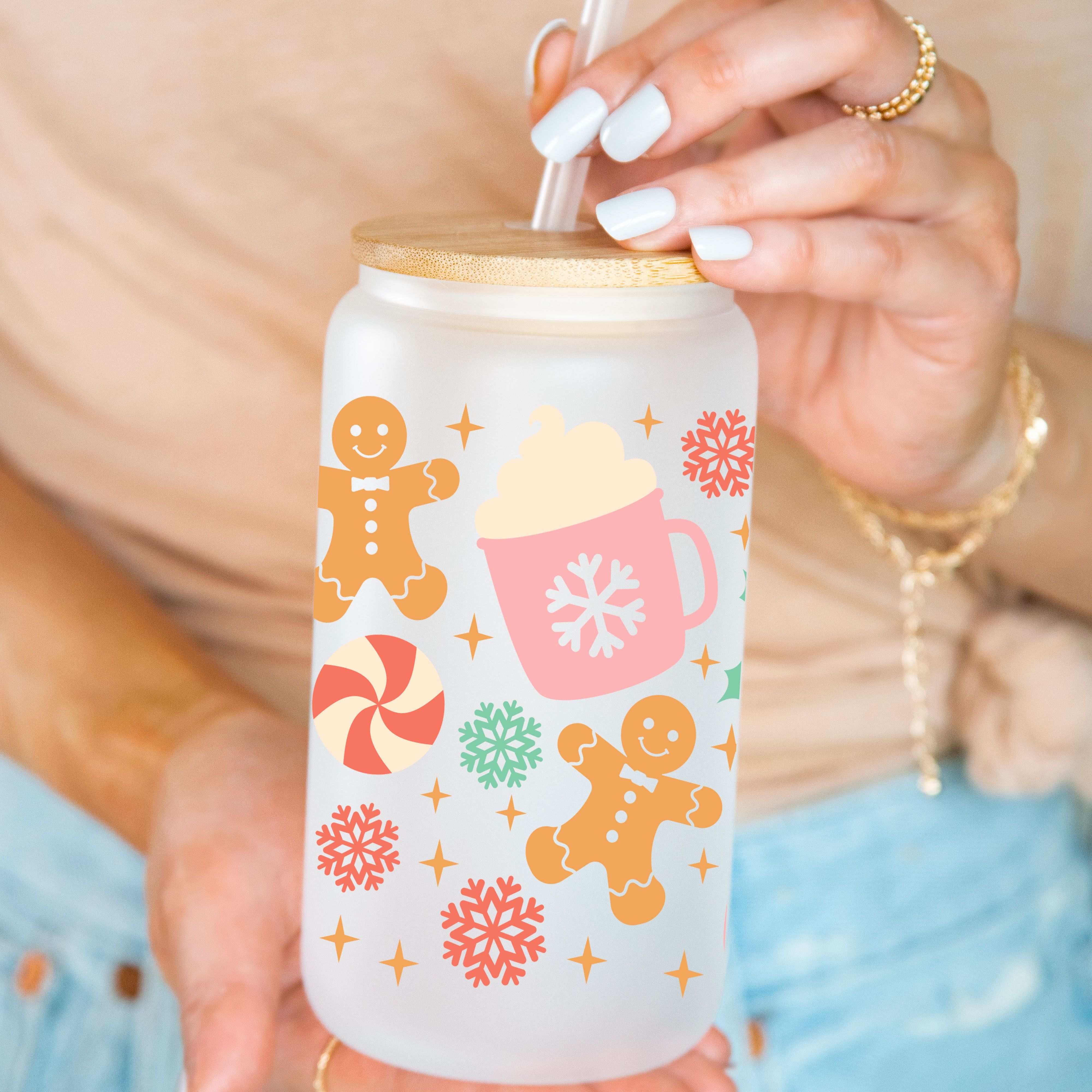 16 oz Pink Reindeer Iced Coffee Glass Cup