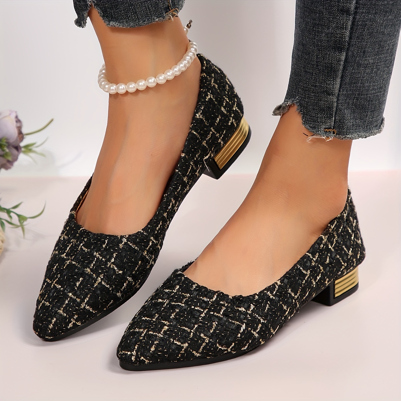 Women s Tweed Flat Shoes Elegant Pointed Toe Soft Sole Shoes