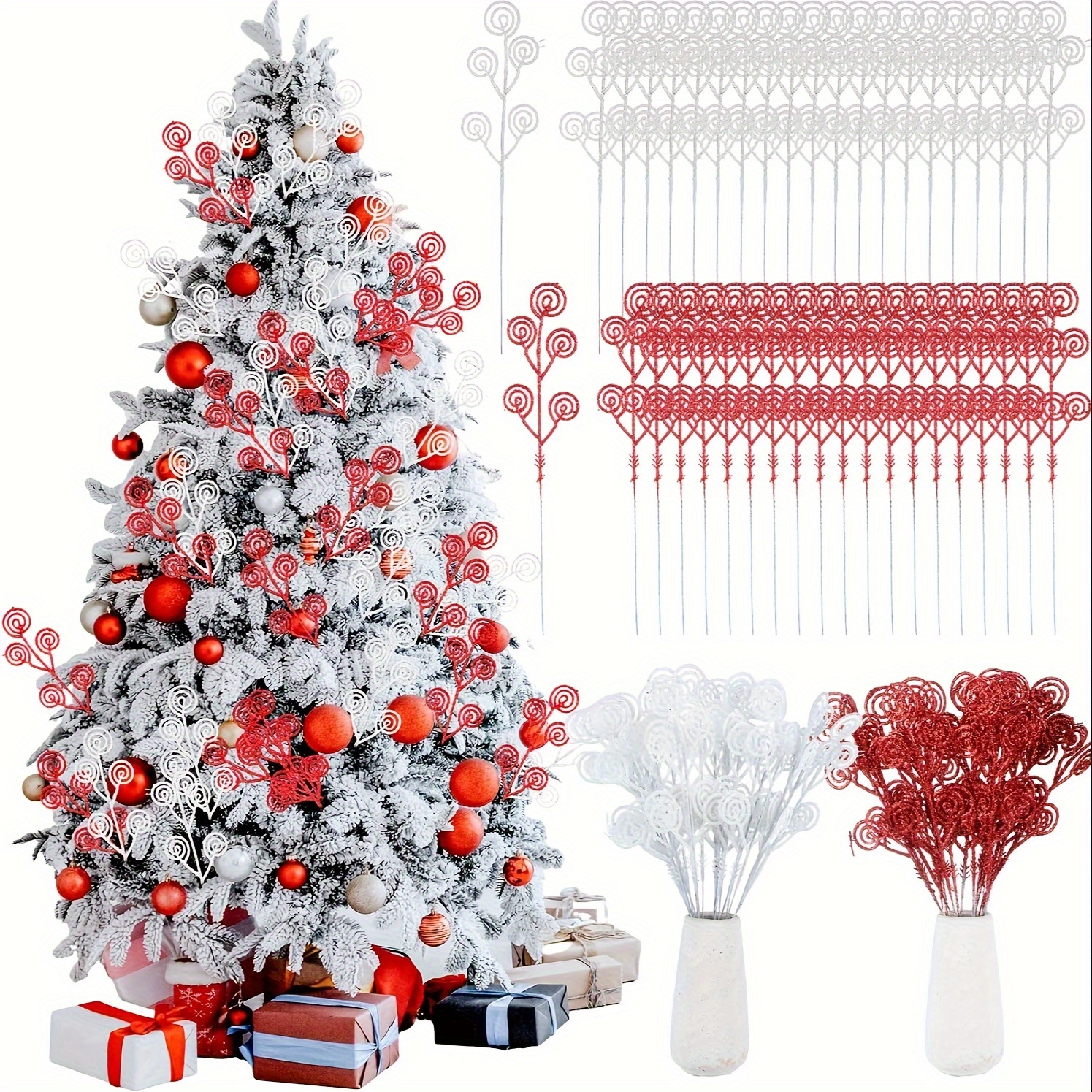 6pcs White Berry Stems,Artificial White Berry Picks Decorative Berry Spray  For Christmas Tree Decor Winter Holiday Flower Arrangement(White)