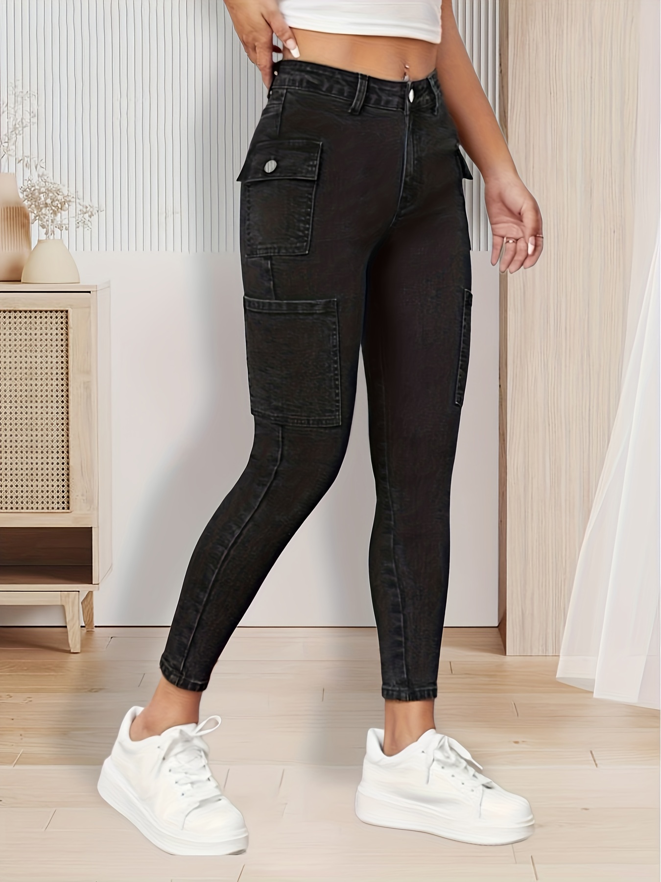 Side Flap Pocket Black Cargo Jeans High Solid Color - Temu