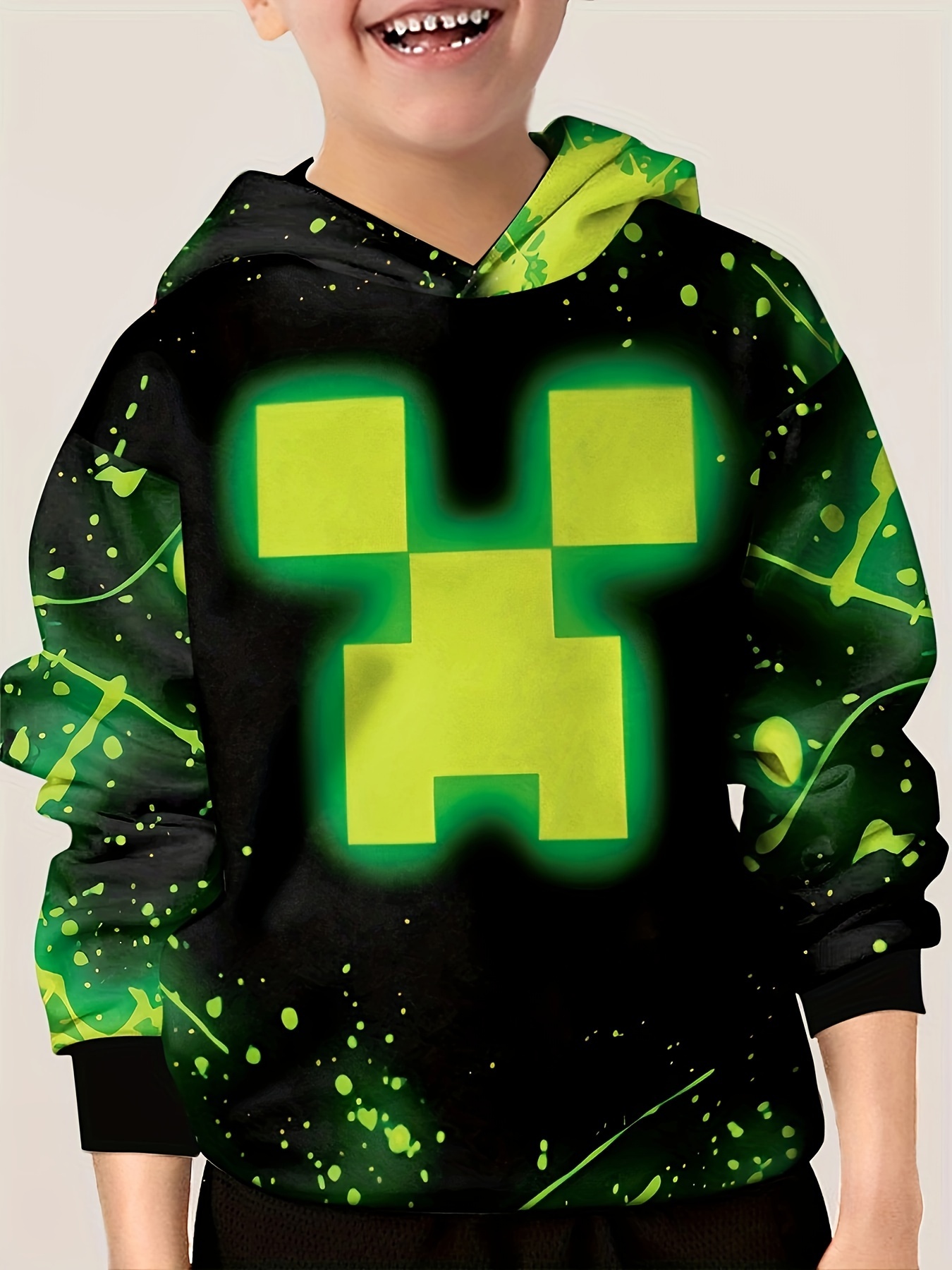 Minecraft Creeper Face Long Sleeve Black Youth Hooded Sweatshirt-XS