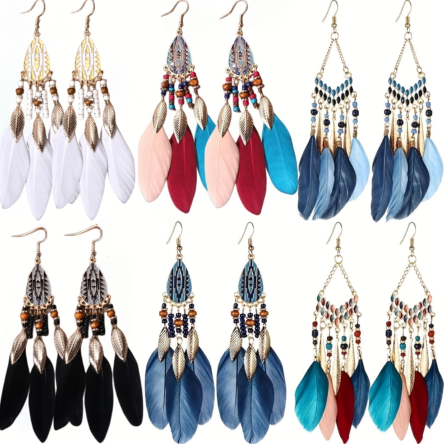 

6 Pairs Feather Tassel Design With Colorful Beads Decor Dangle Earrings Bohemian Vocation Style Alloy Jewelry Female Gift