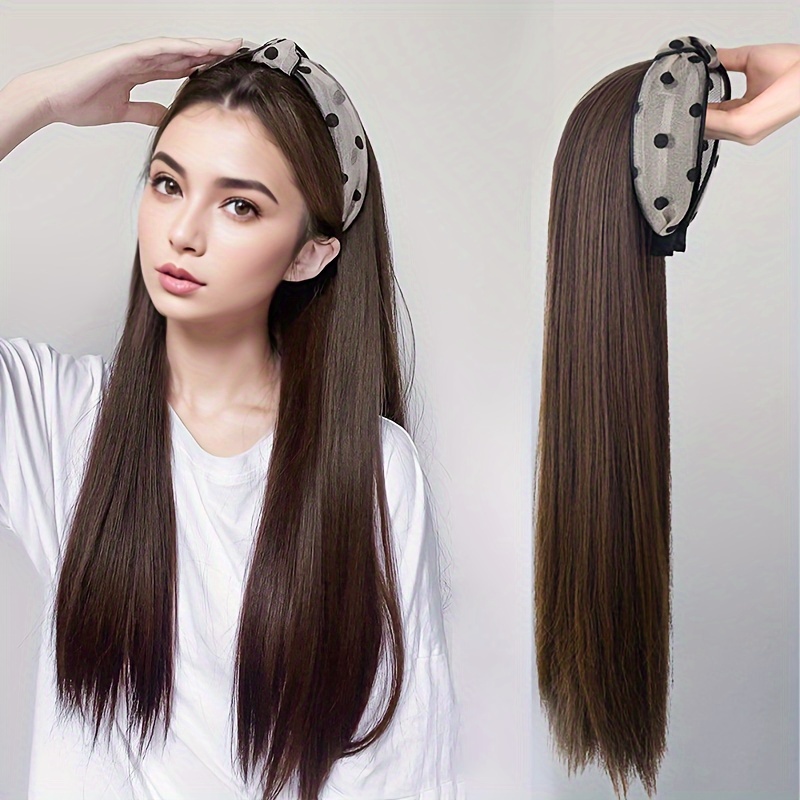 Long Straight Synthetic Wig Headband Headband Wig Half Wig Temu