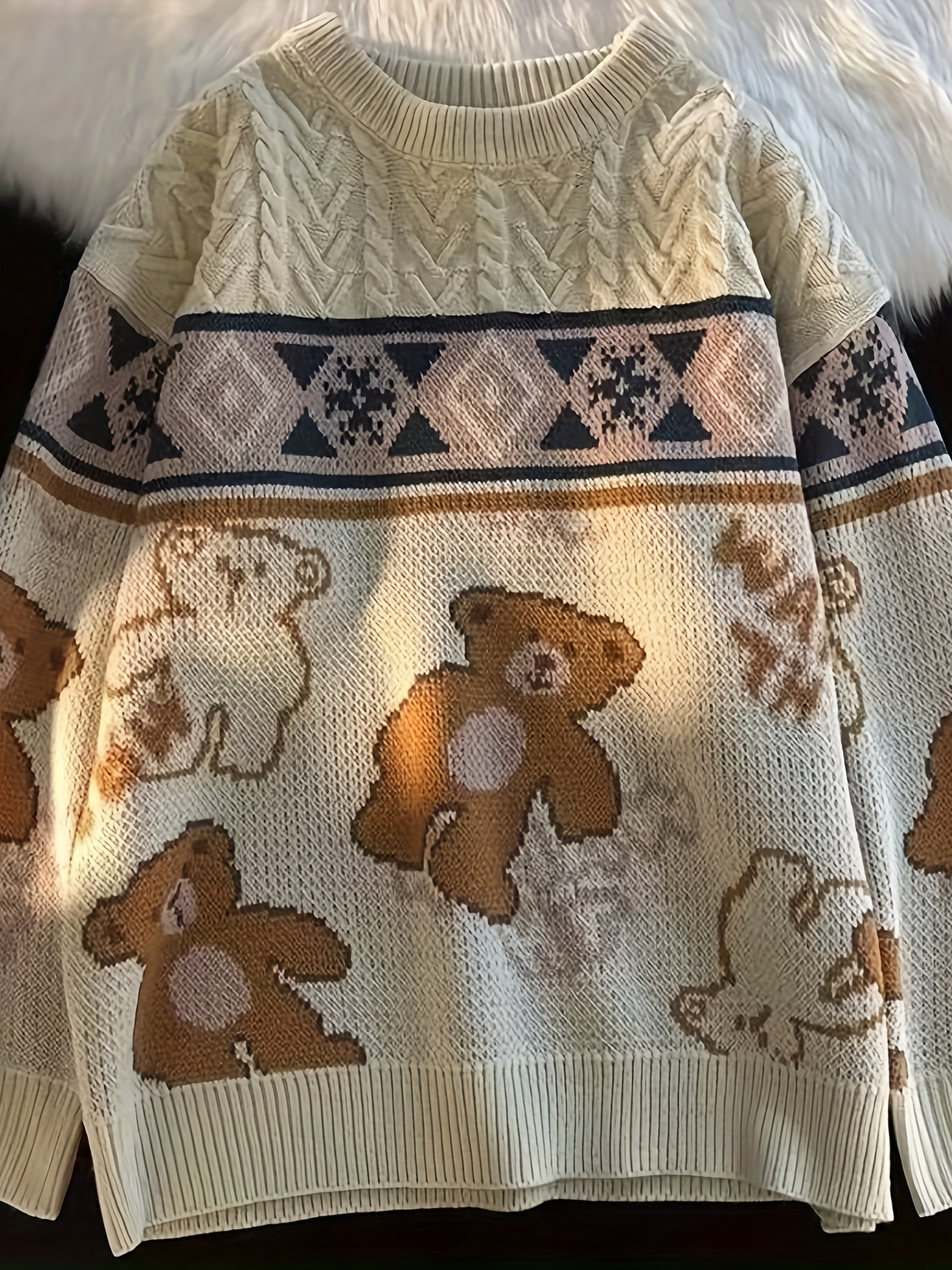 Men's Stylish Loose Bears Pattern Knitted Sweater Casual - Temu