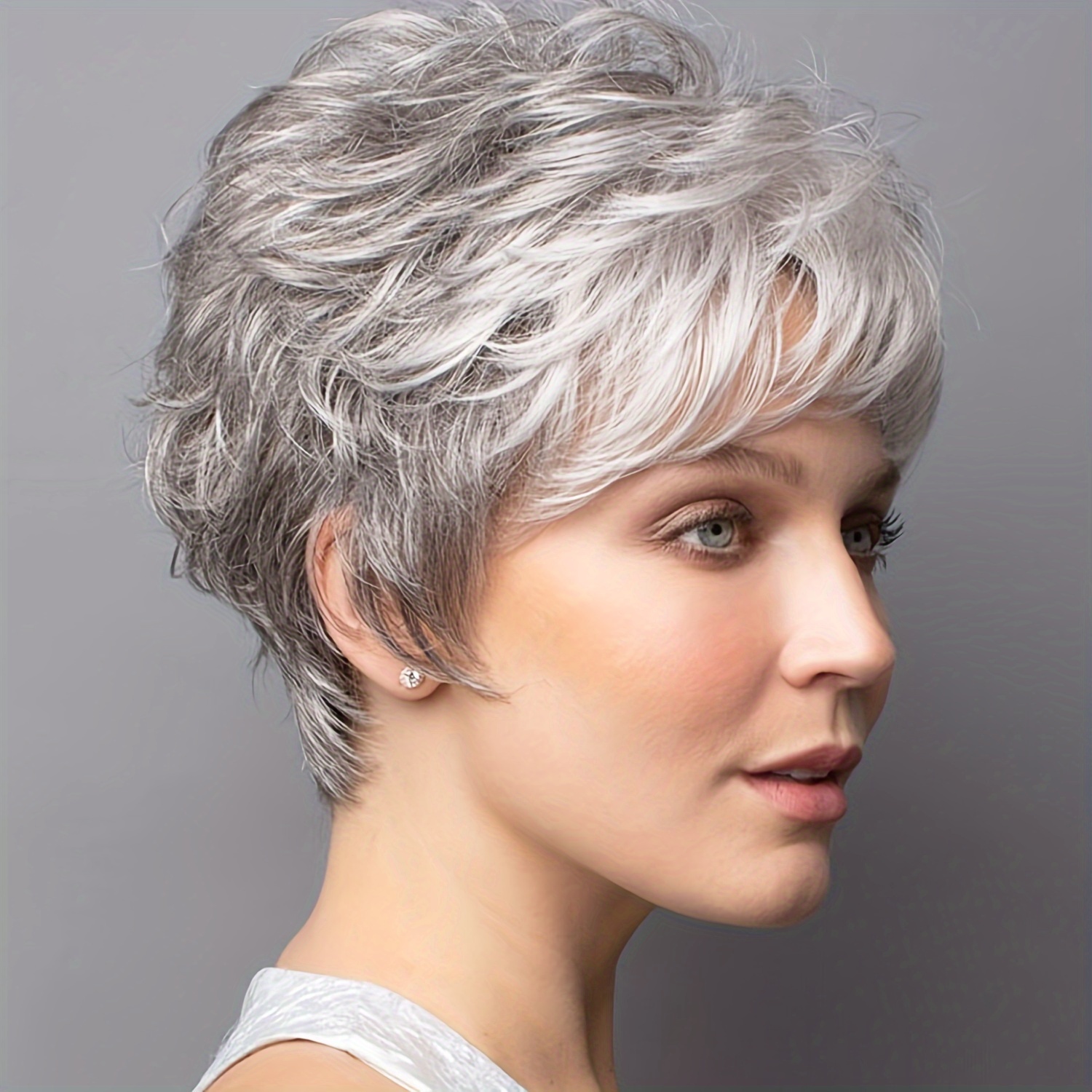 

Elegant Silvery Gray Short Curly Wig With Side Bangs For Women - 10" Synthetic Fiber, Heat Resistant, & Halloween Parties