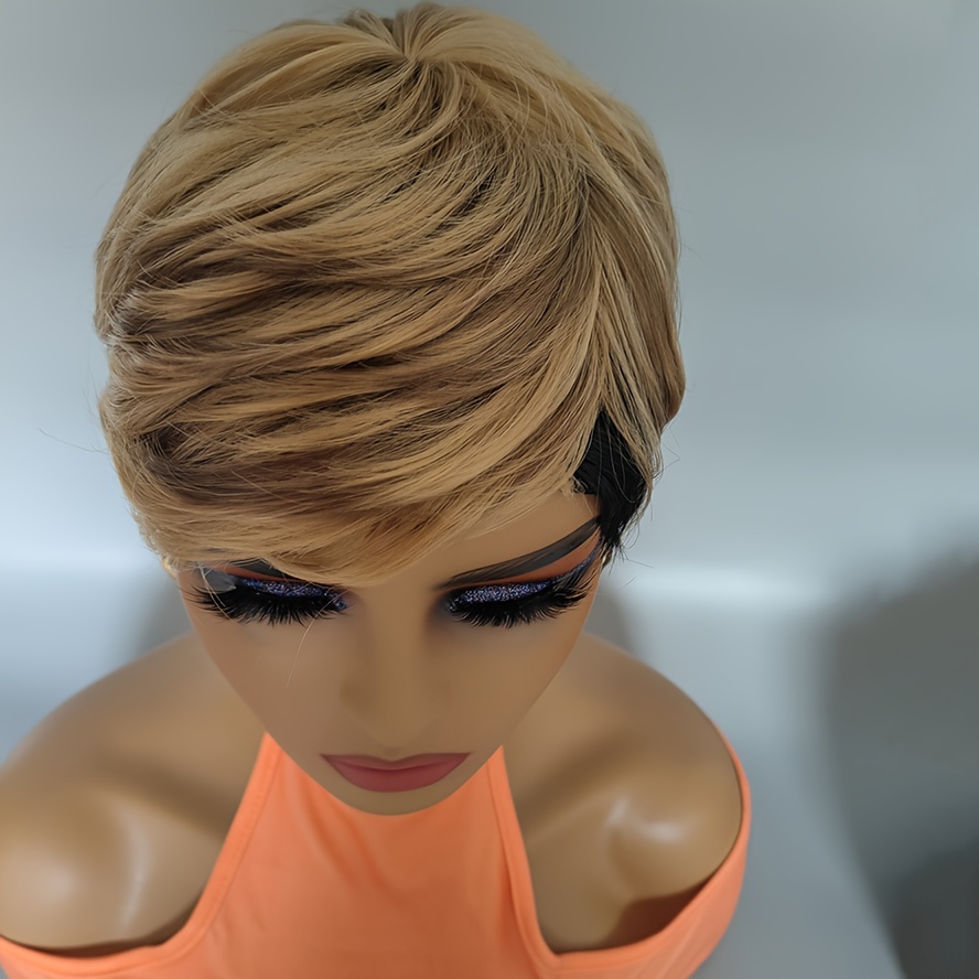 Highlight Synthetic Wigs Short Straight Pixie Cut Hair Bob Wig Honey Gold Mix Black Hair for Woman Non Lace Wig, Size: 5-6 inch