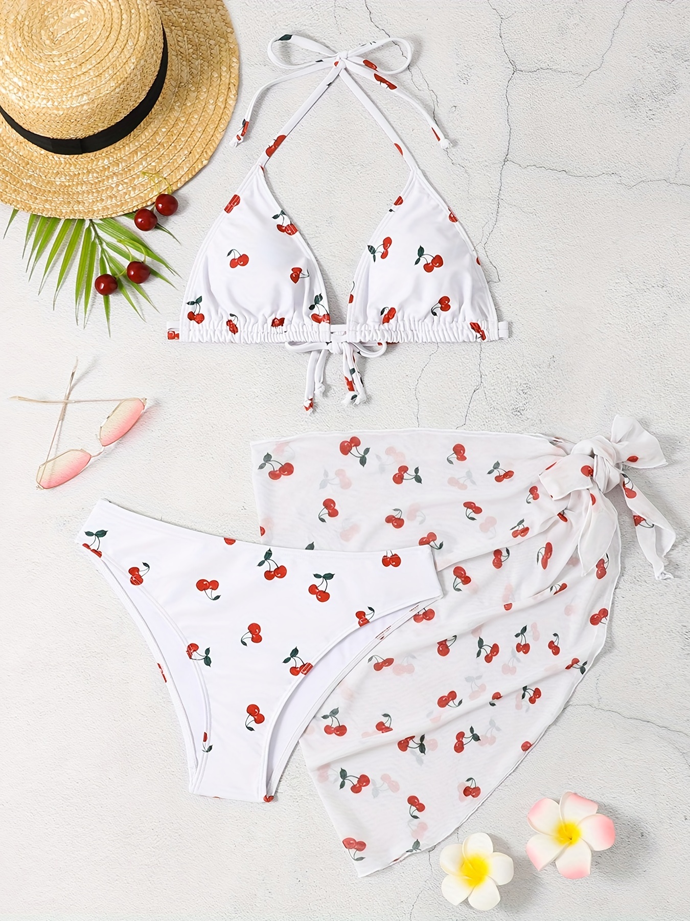 Cherry Print Halter Tie Neck Bikini Wrap Mesh Cover Triangle - Temu Canada