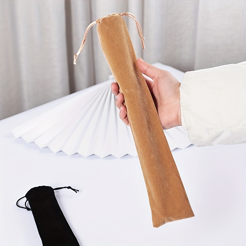 

1pc Large Rave Folding Hand Fan Bag, Black/khaki Velvet Long Fabric Sleeve Hand Fan Protector Pouch Pocket Gift Bag With Drawstring