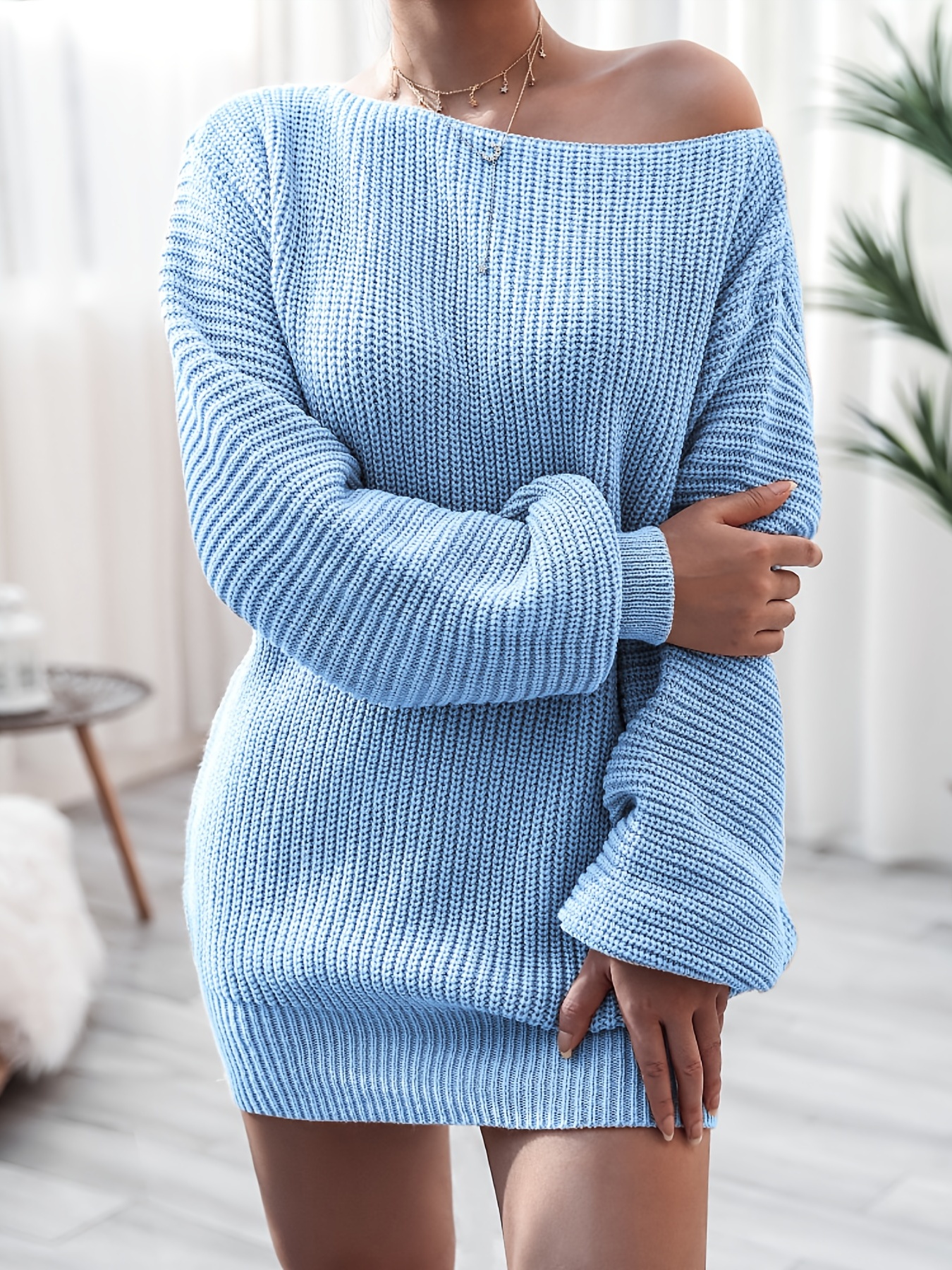  Minivestido tipo suéter de invierno de manga larga para mujer,  vestido tipo túnica de vellón mullido, color sólido, cuello redondo, suéter  largo, Blanco : Ropa, Zapatos y Joyería