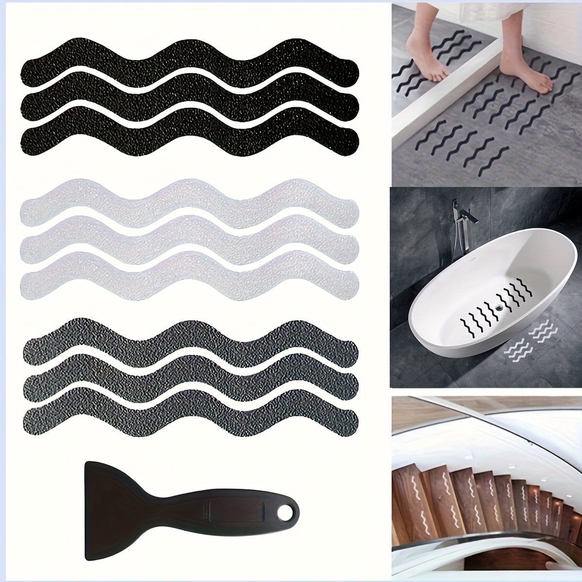 

24pcs Bathroom Tub Anti-slip Stickers S-shaped Wave Shaped Tub Strip Decals With Scraper For Tub Shower Stair Ladder