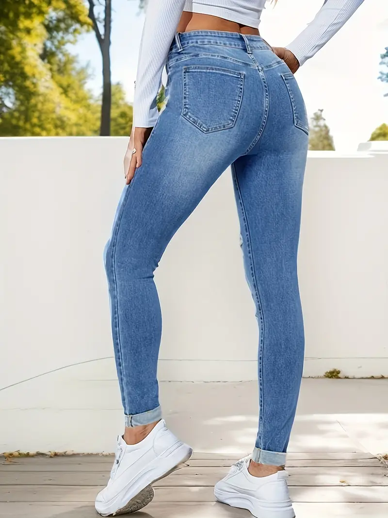 Blue Ripped Holes Skinny Jeans Slim Fit Slant Pockets - Temu