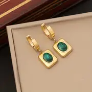 2ps golden stainless steel emerald zircon flat chain, 2ps golden stainless steel emerald zircon flat chain faux diamond necklace and earrings fashion trend design versatile retro decoration for men and women details 4