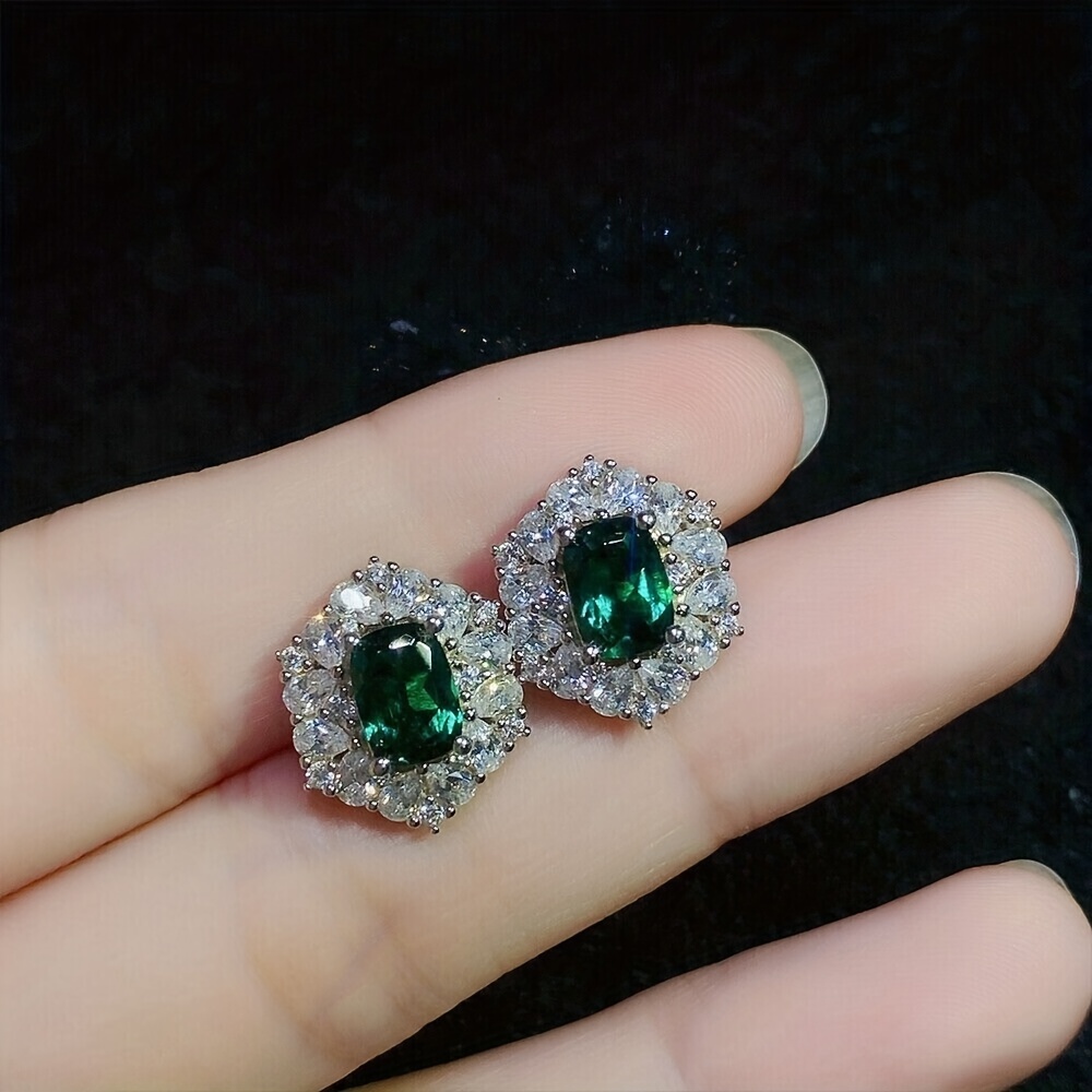 shiny stud earrings embellished with green artificial gems vintage elegant style female wedding dating ear accessories details 0