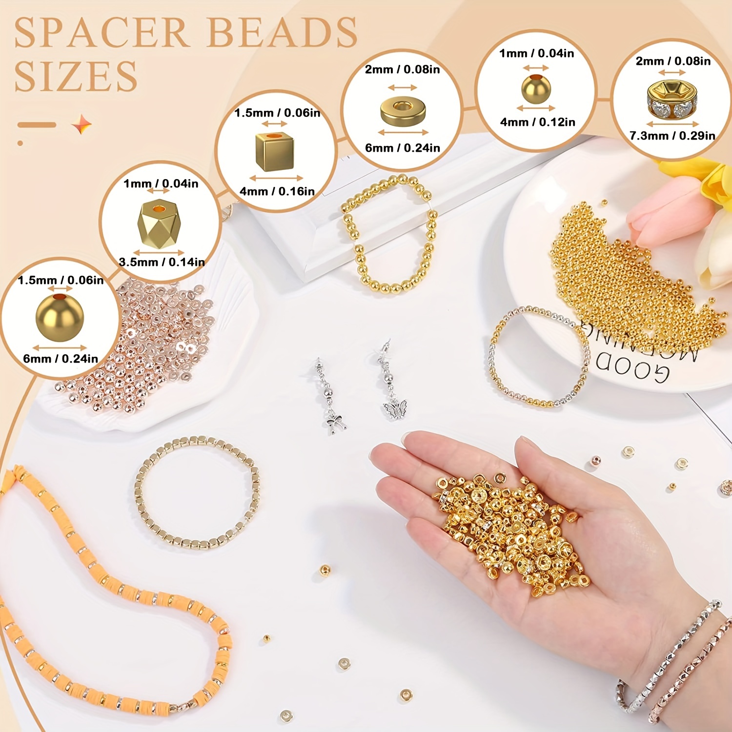 Spacer Beads For Jewelry Making In 6 Styles, Round Beads Flat Beads Cube  Beads Bracelet Rhinestone Spacers Beads For Diy Crafting(golden, Silvery,  Rose Golden, Kc Golden) - Temu Japan