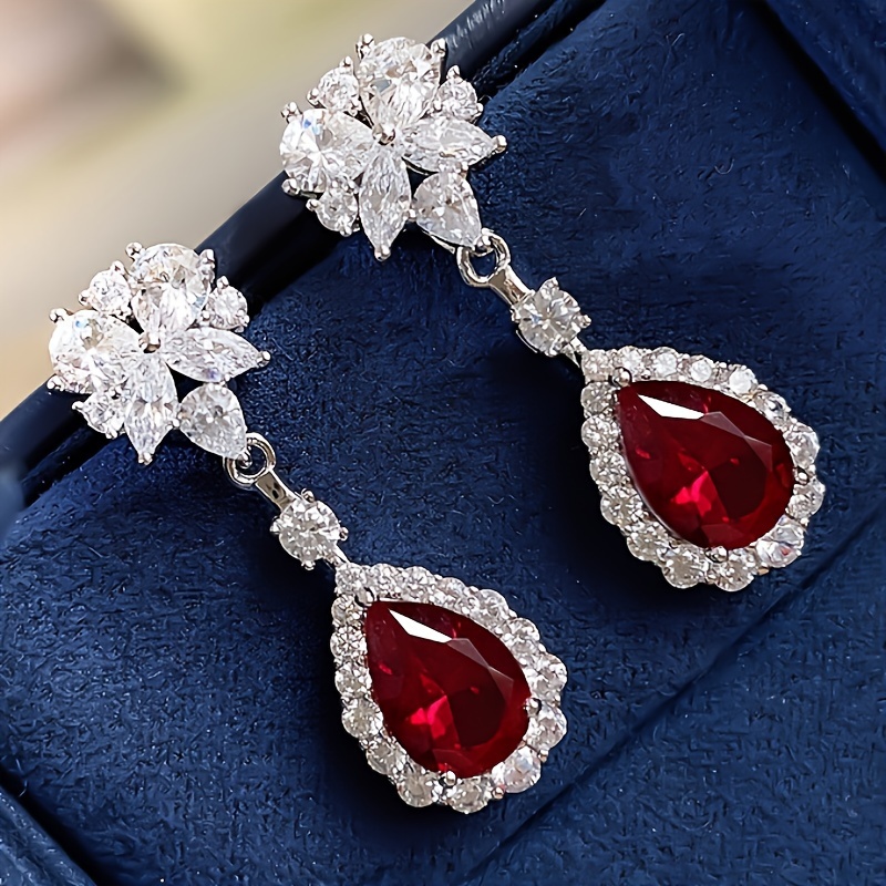 E-shop Exquisite Blumen Vintage Rote Synthetische Edelstein Hängeohrringe für Frauen Verlobungsfeier Elegantes Valentinstagsgeschenk
