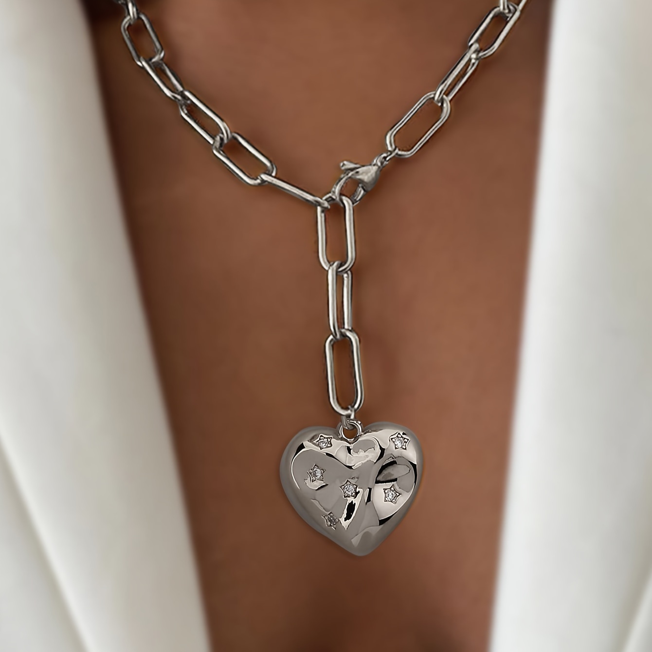 Drop Heart Silver Diamond Necklace