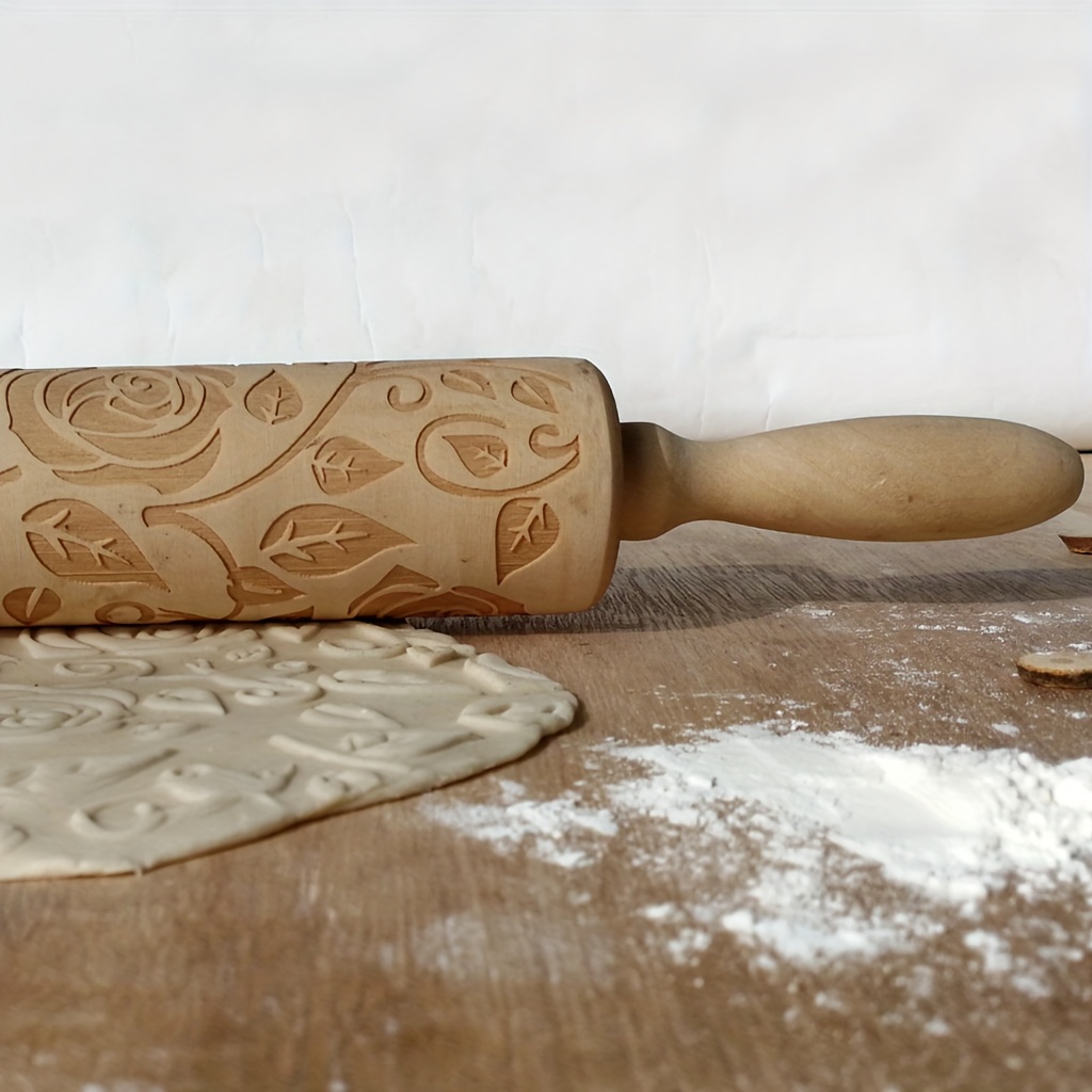 1pc, Wooden Embossing Rolling Pin, Rose Flower Pattern Dough Roller, For  Pizza, Pie * Dumplings, Noodles, And More, Kitchen Utensils, Kitchen