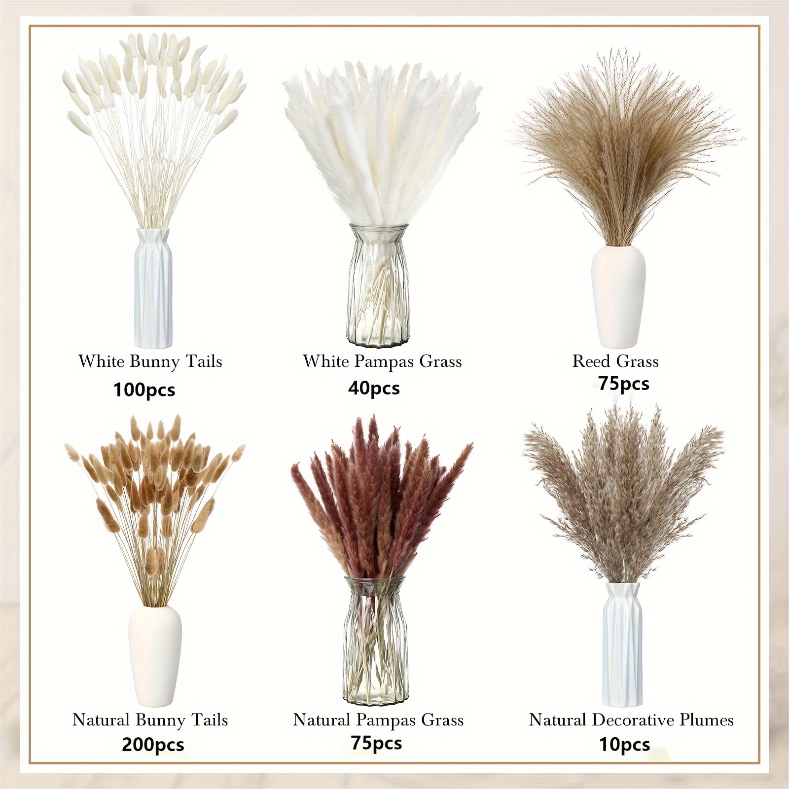 Image of 500pcs Yn Bohemian Dried Pampas Grass Decor - Assorted Natural Colors (white, Beige, Light Brown, Dark Purple-blue, Brown) For Weddings, Home Table, And Party Decorations, Garden Decorations