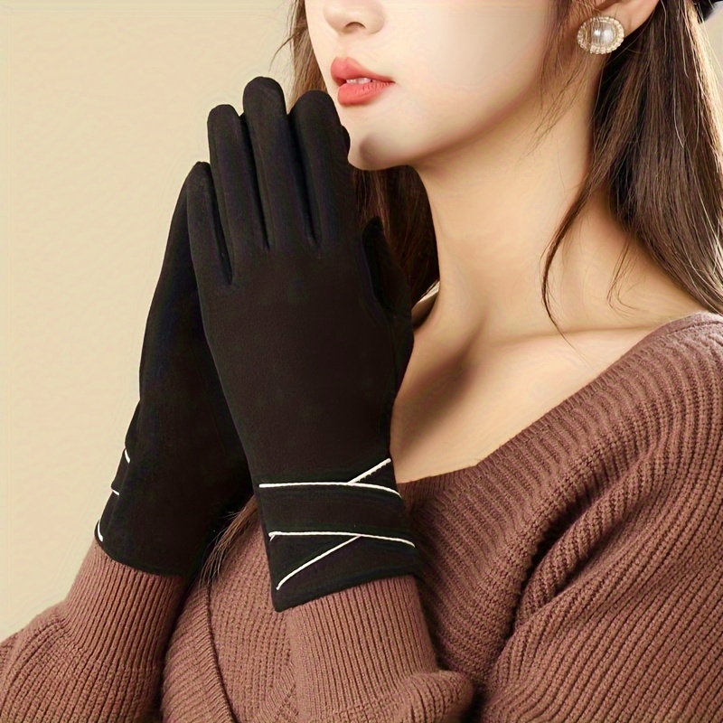 TEMU Elegant Cuff Gloves Short Simple Thick Warm Touchscreen Gloves Autumn Winter Coldproof Windproof Riding Gloves